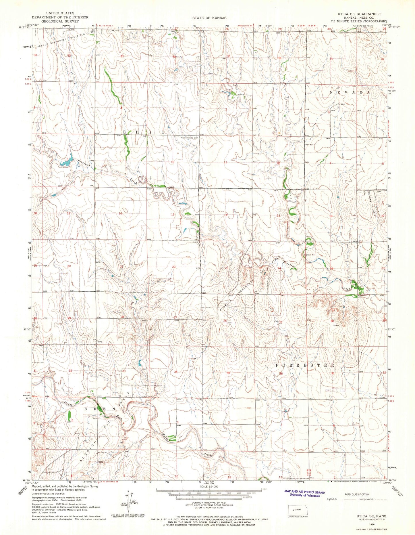 Classic USGS Utica SE Kansas 7.5'x7.5' Topo Map Image