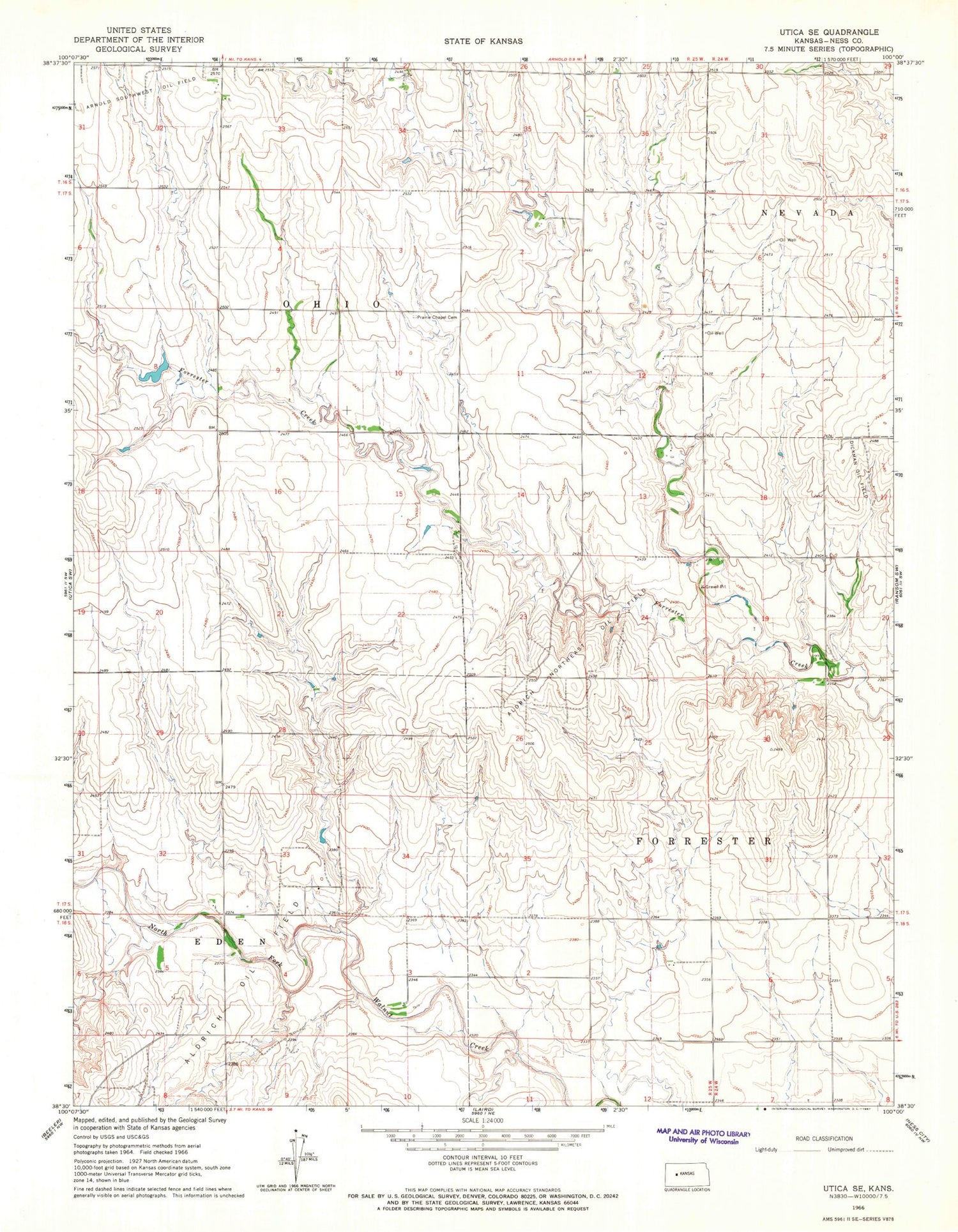 Classic USGS Utica SE Kansas 7.5'x7.5' Topo Map Image