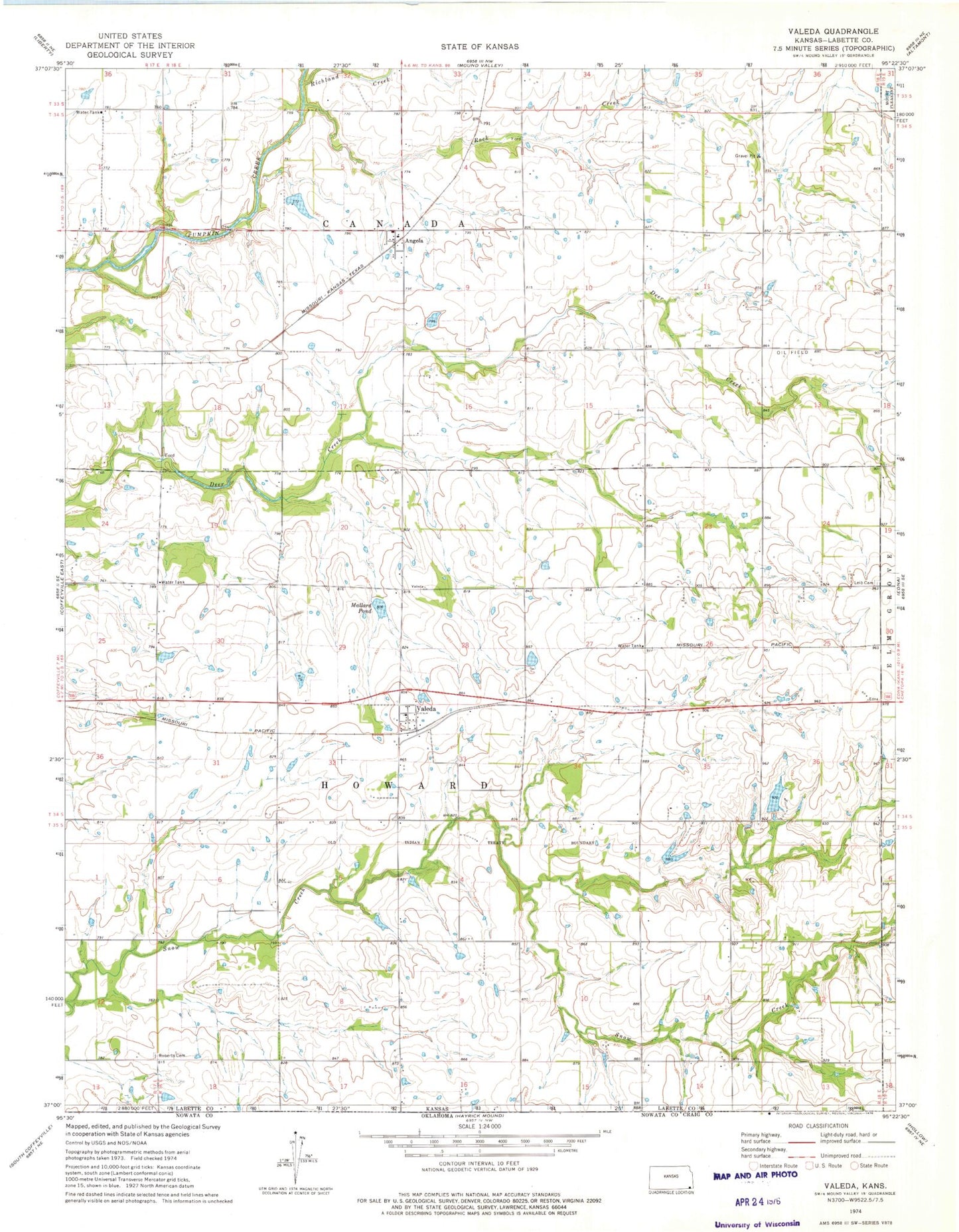 Classic USGS Valeda Kansas 7.5'x7.5' Topo Map Image