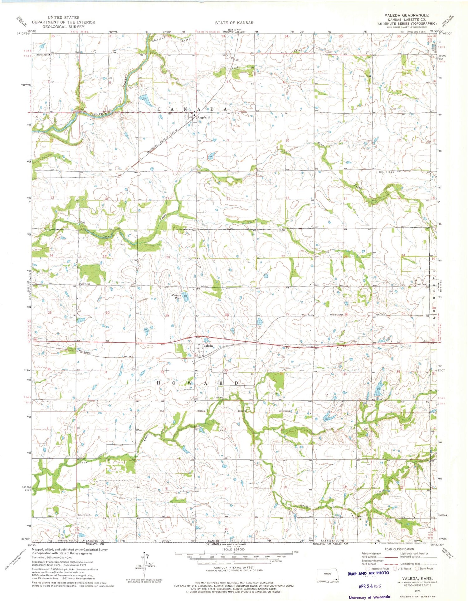 Classic USGS Valeda Kansas 7.5'x7.5' Topo Map Image