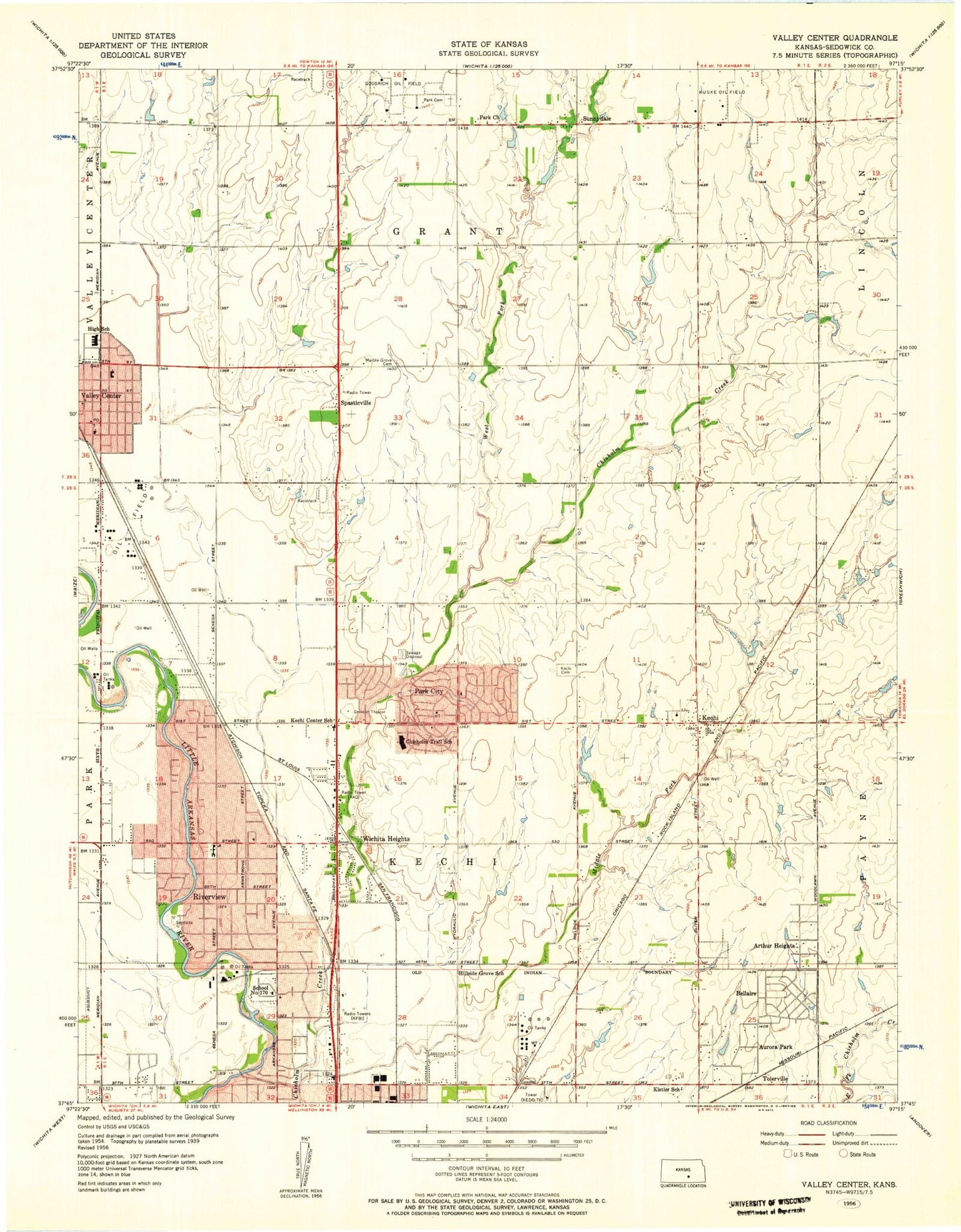 Classic USGS Valley Center Kansas 7.5'x7.5' Topo Map Image