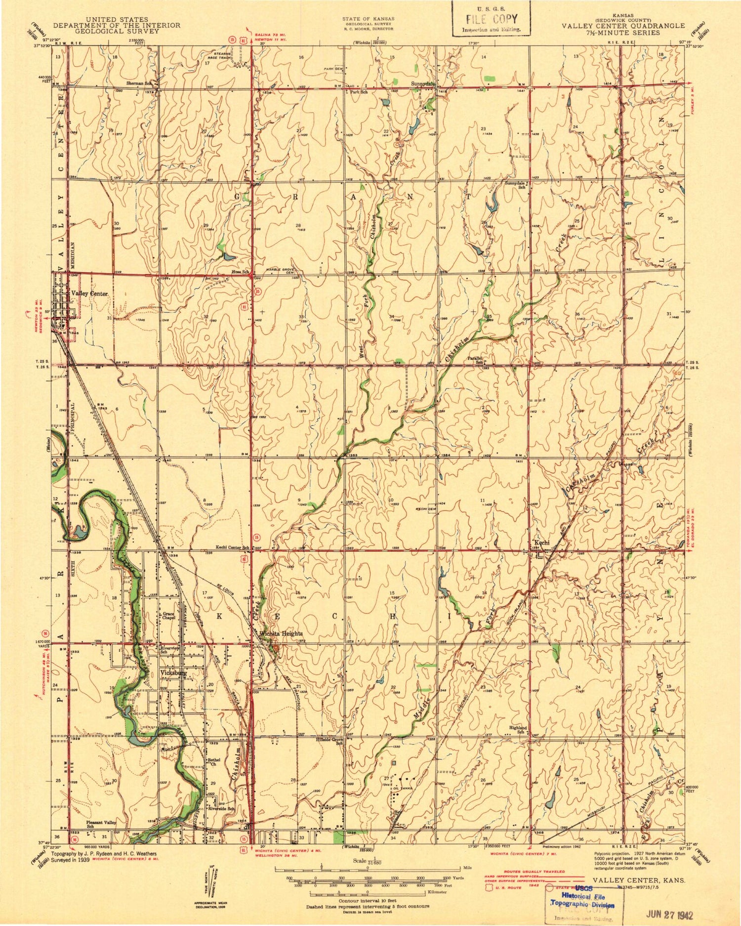 Classic USGS Valley Center Kansas 7.5'x7.5' Topo Map Image