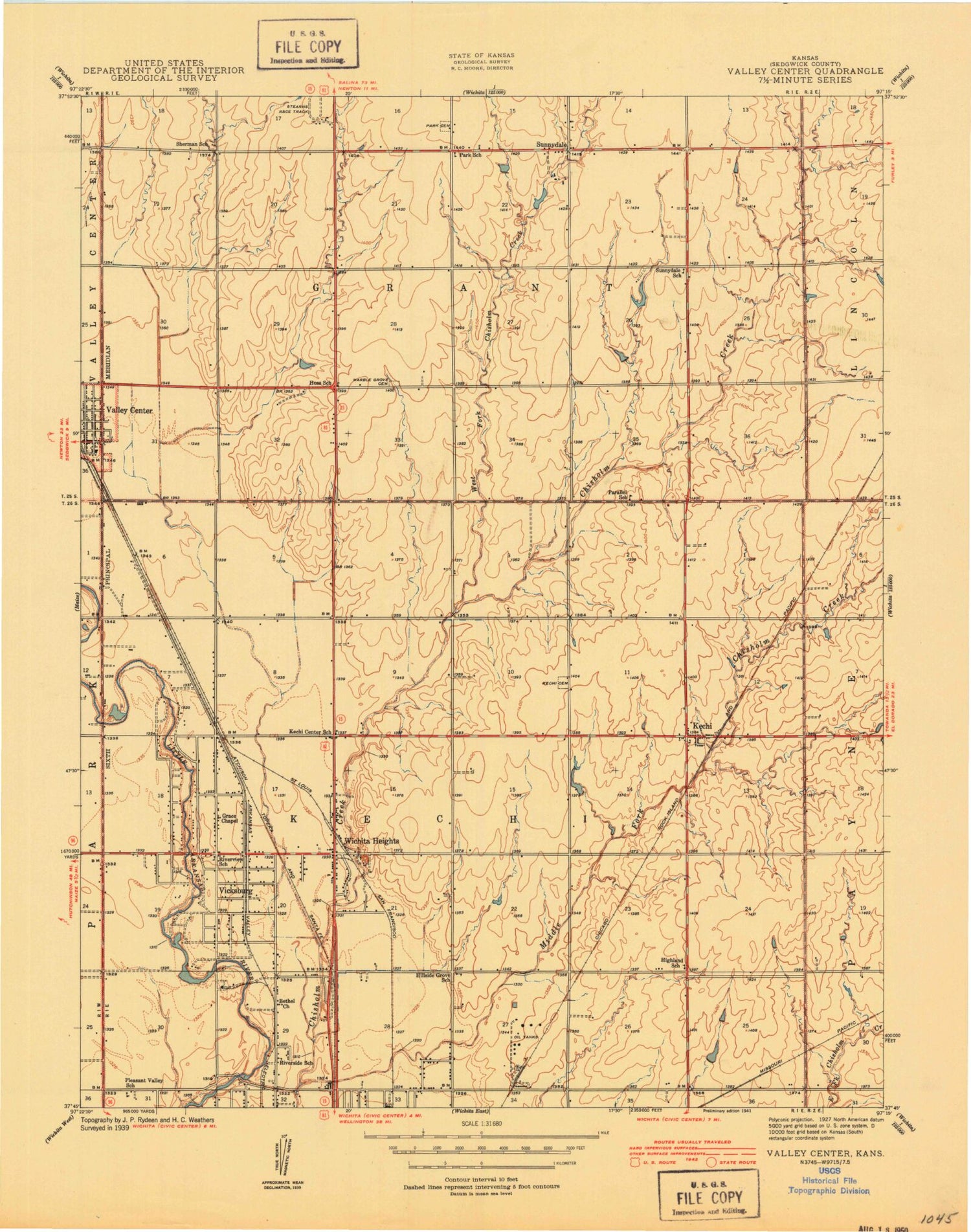 Classic USGS Valley Center Kansas 7.5'x7.5' Topo Map Image