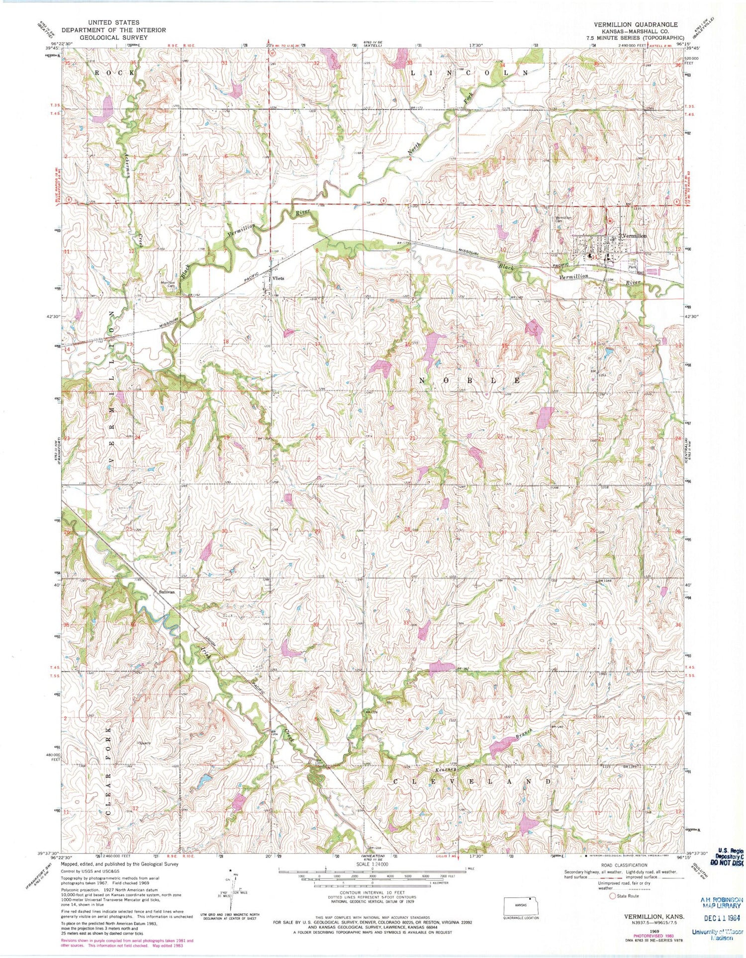 Classic USGS Vermillion Kansas 7.5'x7.5' Topo Map Image