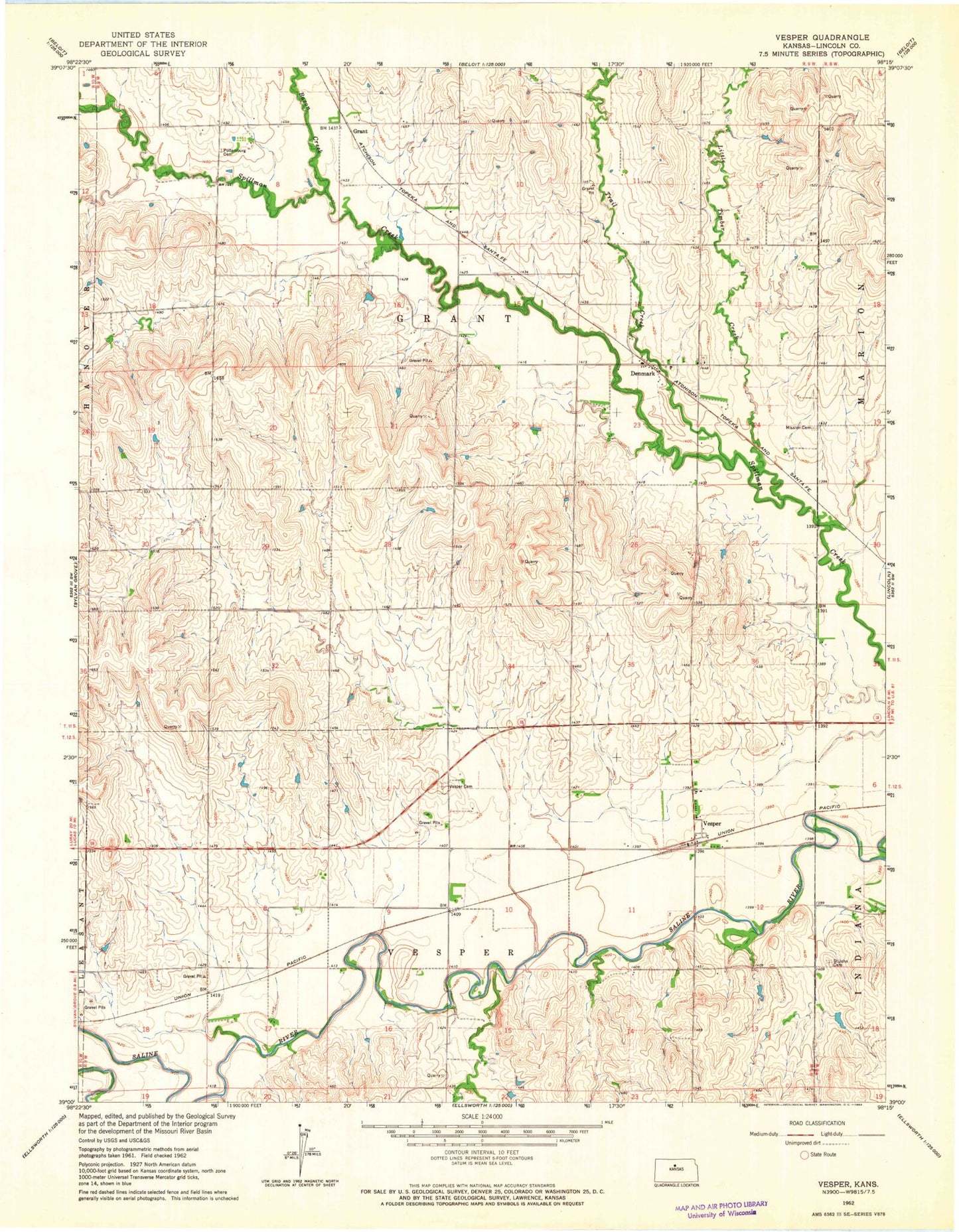 Classic USGS Vesper Kansas 7.5'x7.5' Topo Map Image