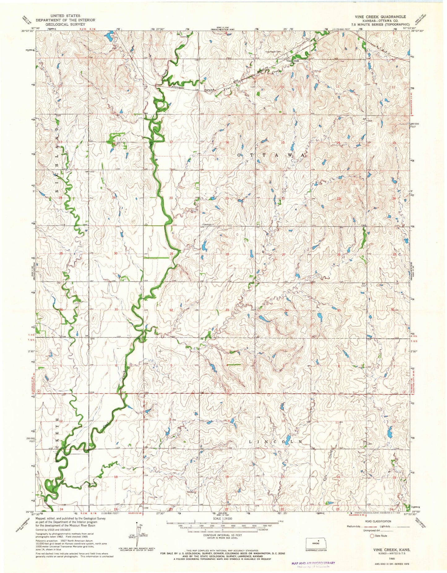 Classic USGS Vine Creek Kansas 7.5'x7.5' Topo Map Image