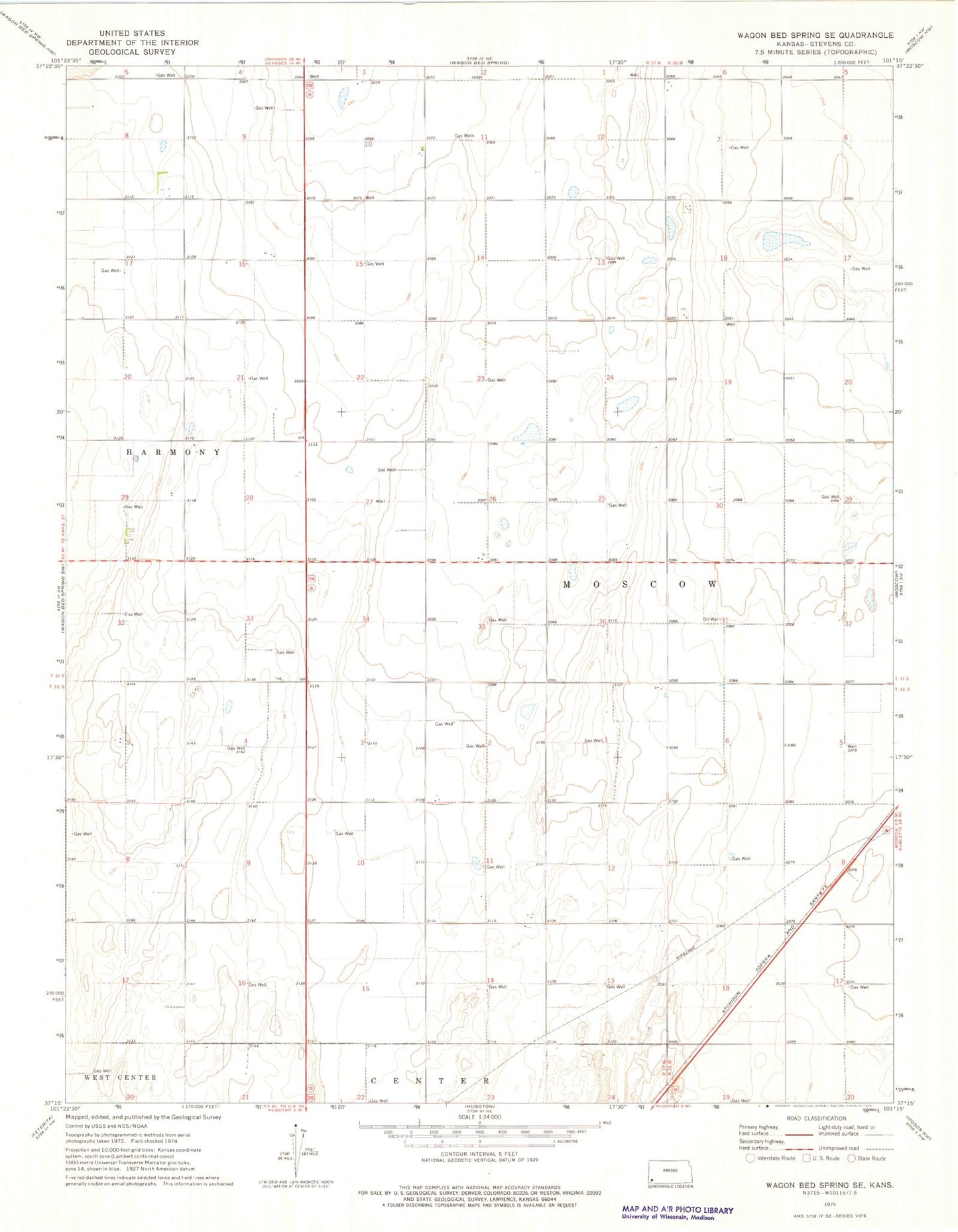 Classic USGS Wagon Bed Spring SE Kansas 7.5'x7.5' Topo Map Image