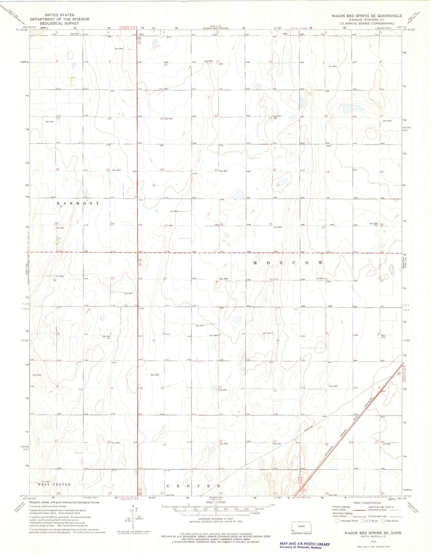 Classic USGS Wagon Bed Spring SE Kansas 7.5'x7.5' Topo Map Image