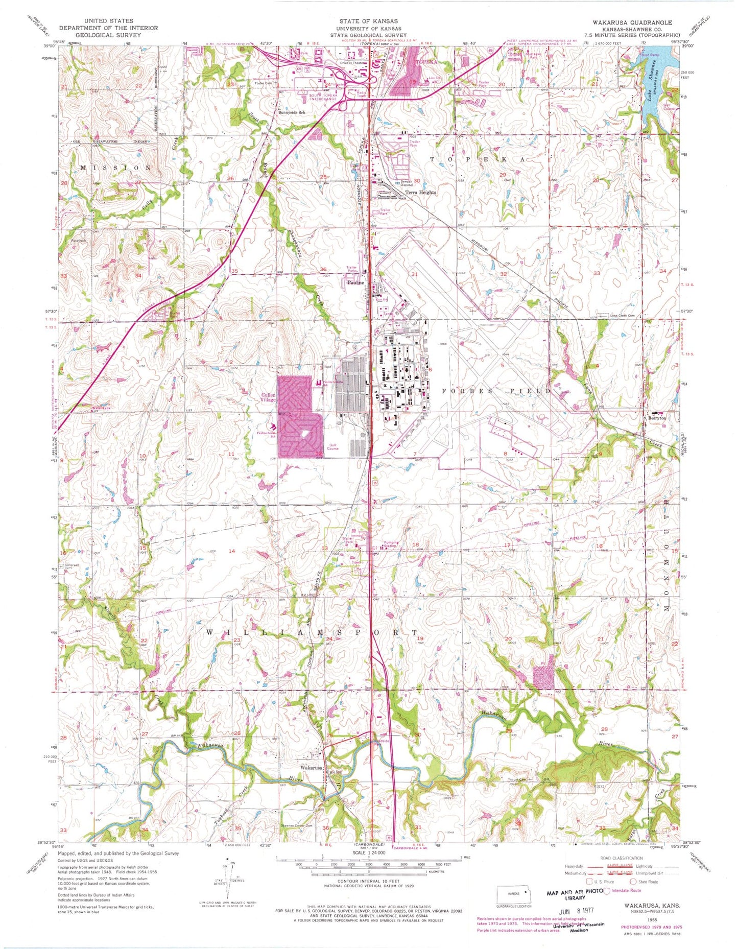 Classic USGS Wakarusa Kansas 7.5'x7.5' Topo Map Image