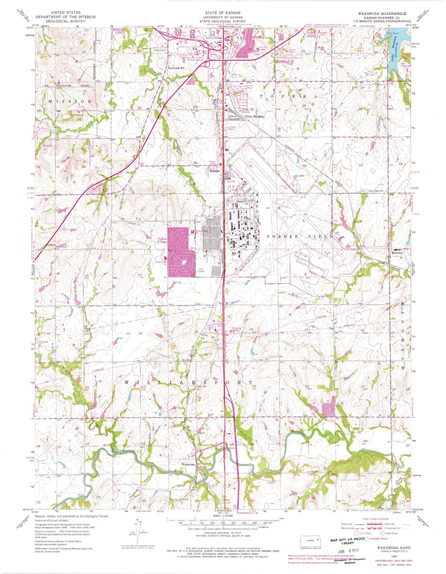Classic USGS Wakarusa Kansas 7.5'x7.5' Topo Map Image