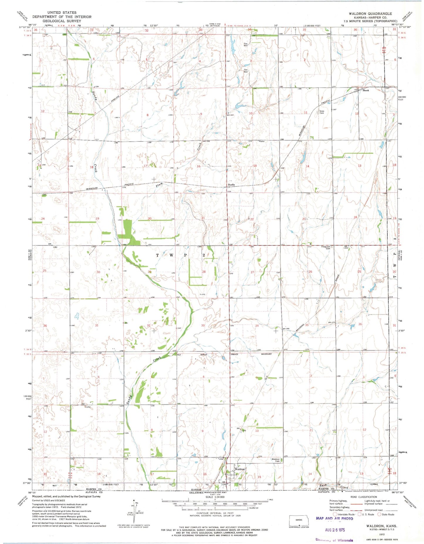 Classic USGS Waldron Kansas 7.5'x7.5' Topo Map Image