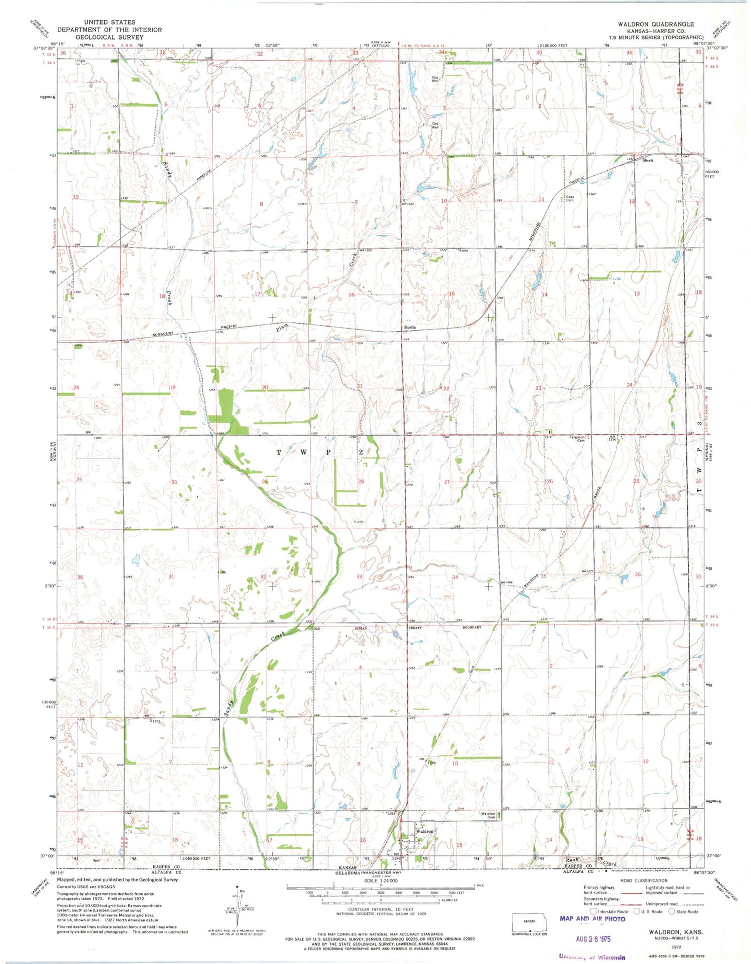 Classic USGS Waldron Kansas 7.5'x7.5' Topo Map Image