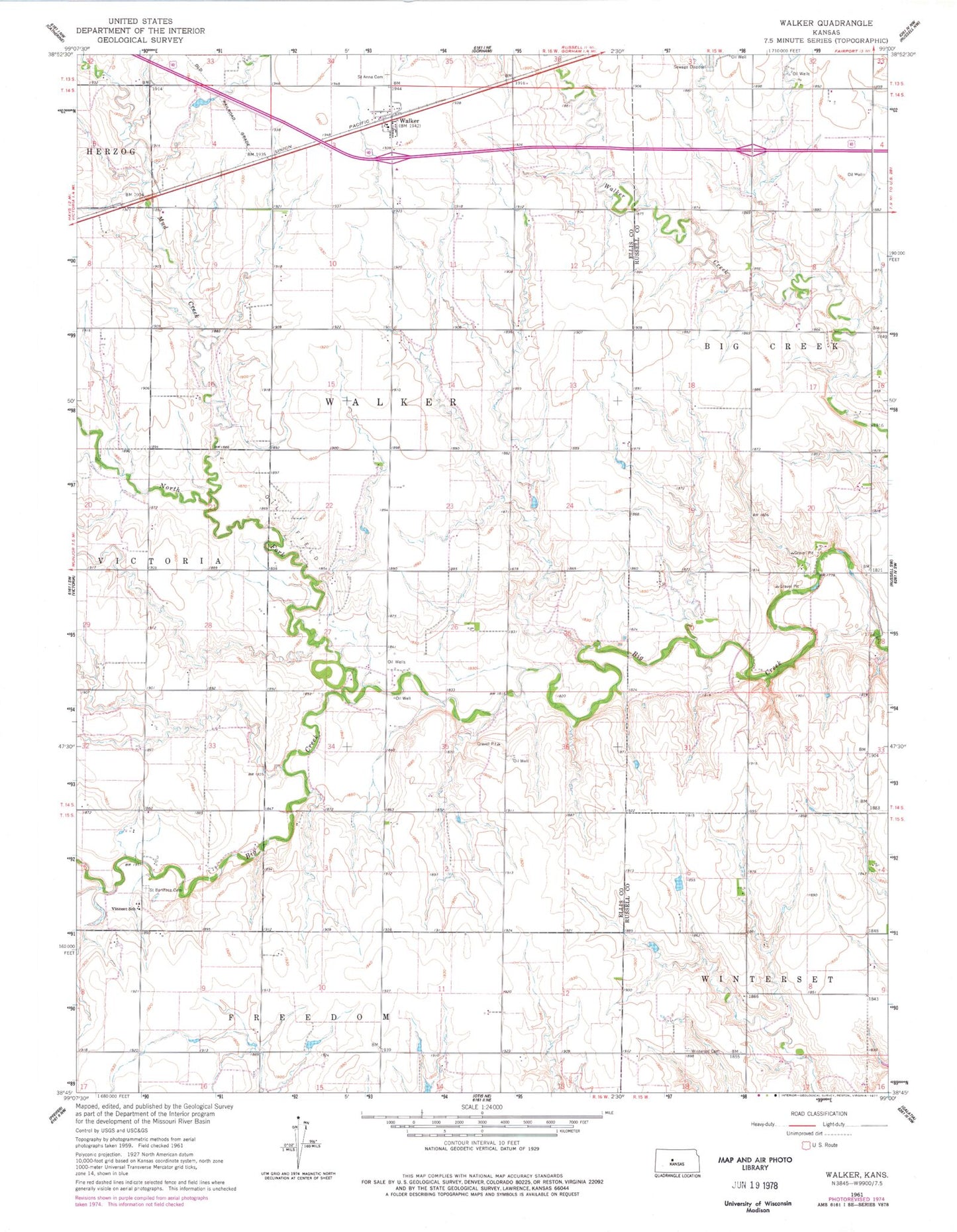 Classic USGS Walker Kansas 7.5'x7.5' Topo Map Image