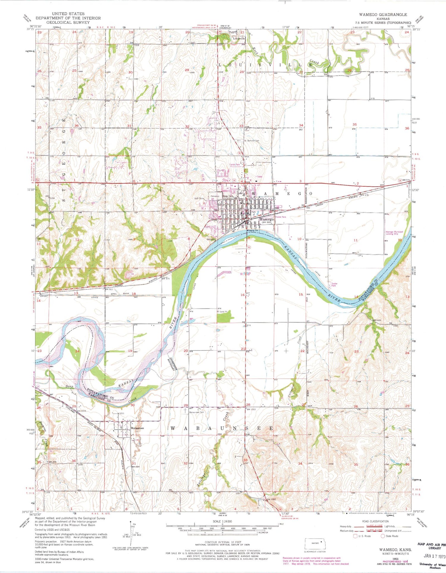 Classic USGS Wamego Kansas 7.5'x7.5' Topo Map Image