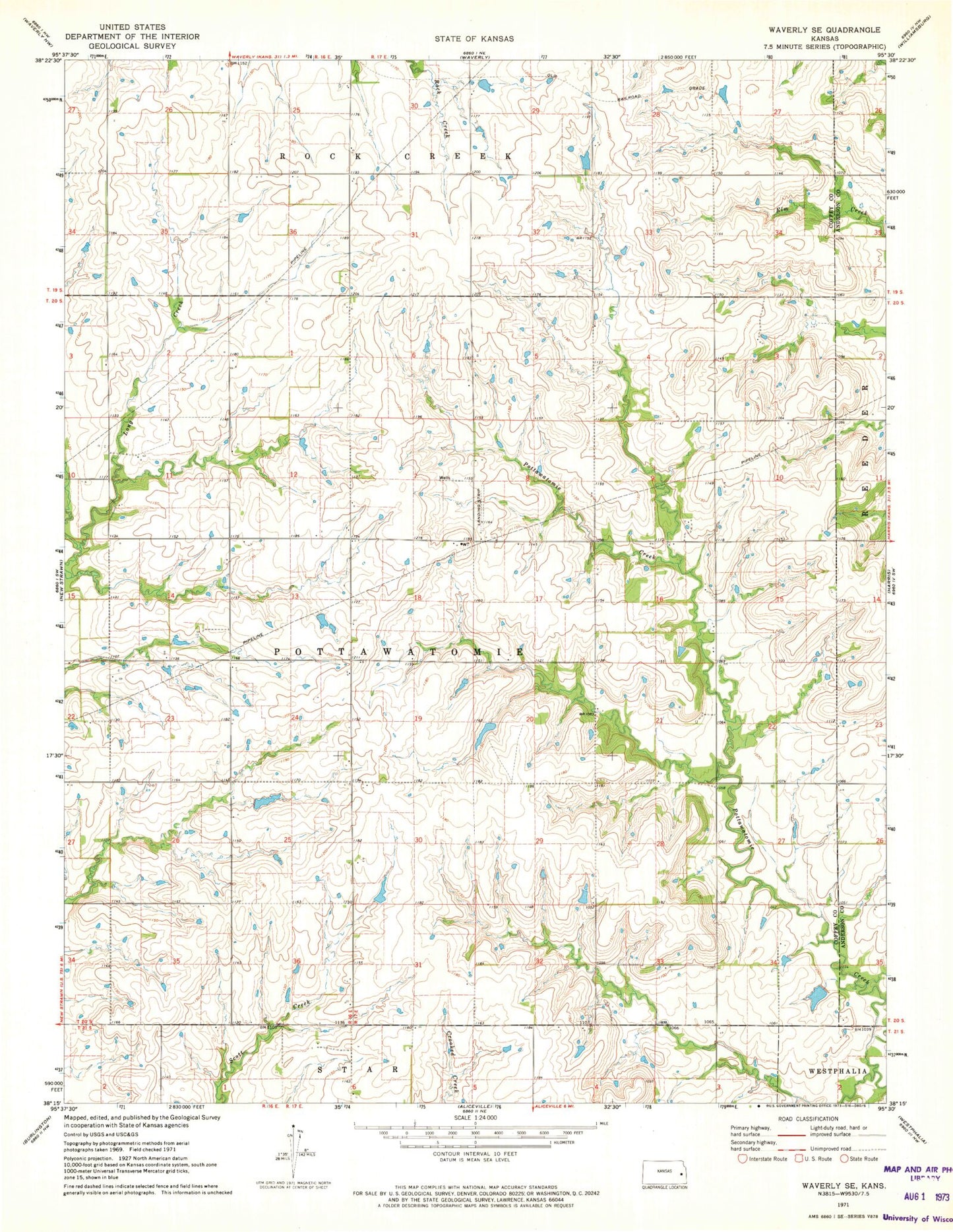 Classic USGS Waverly SE Kansas 7.5'x7.5' Topo Map Image