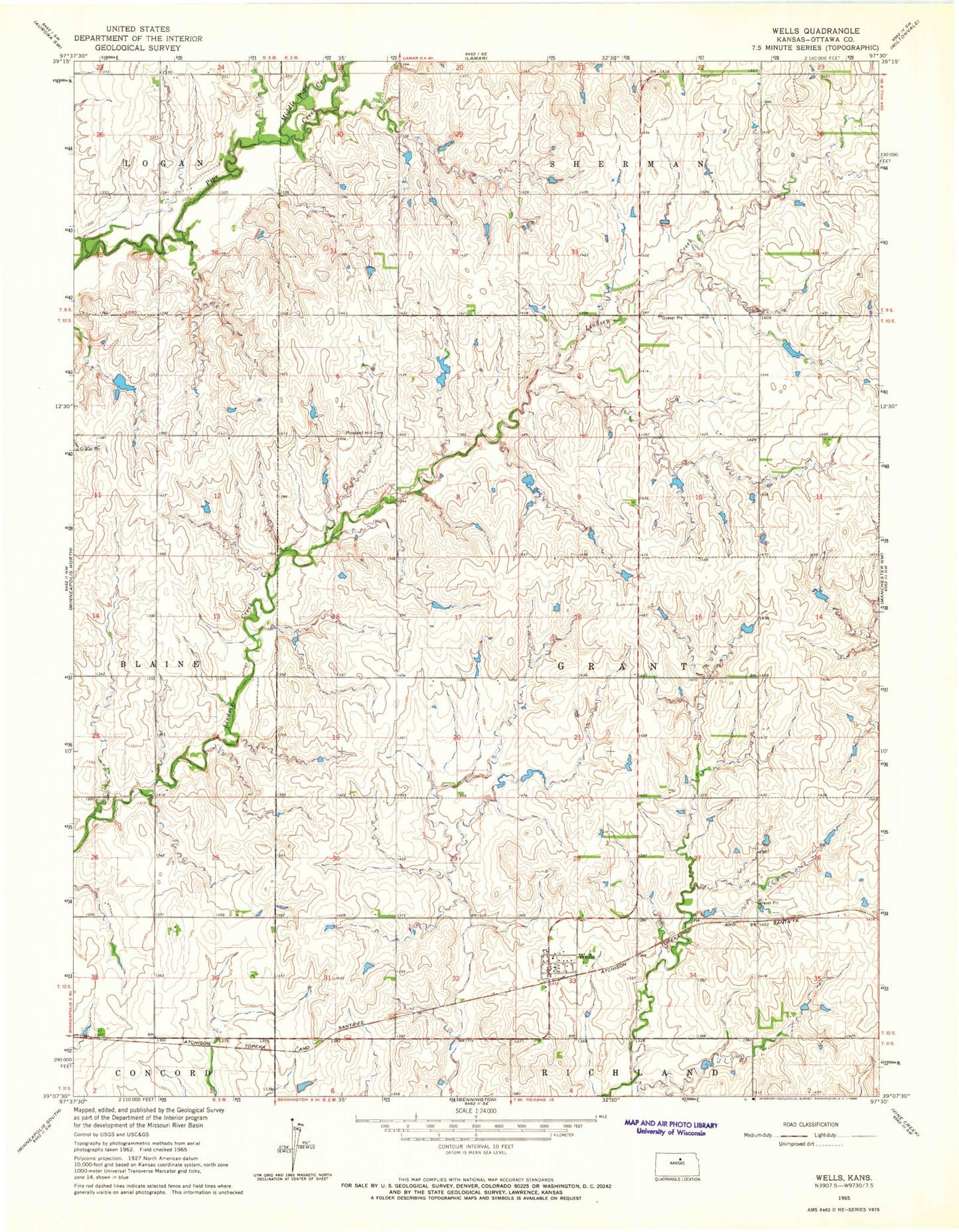 Classic USGS Wells Kansas 7.5'x7.5' Topo Map Image