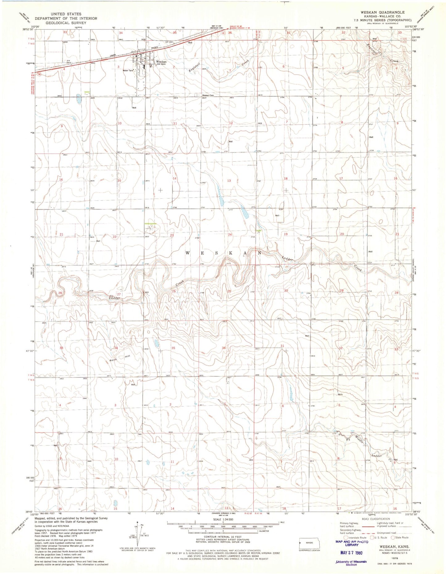 Classic USGS Weskan Kansas 7.5'x7.5' Topo Map Image