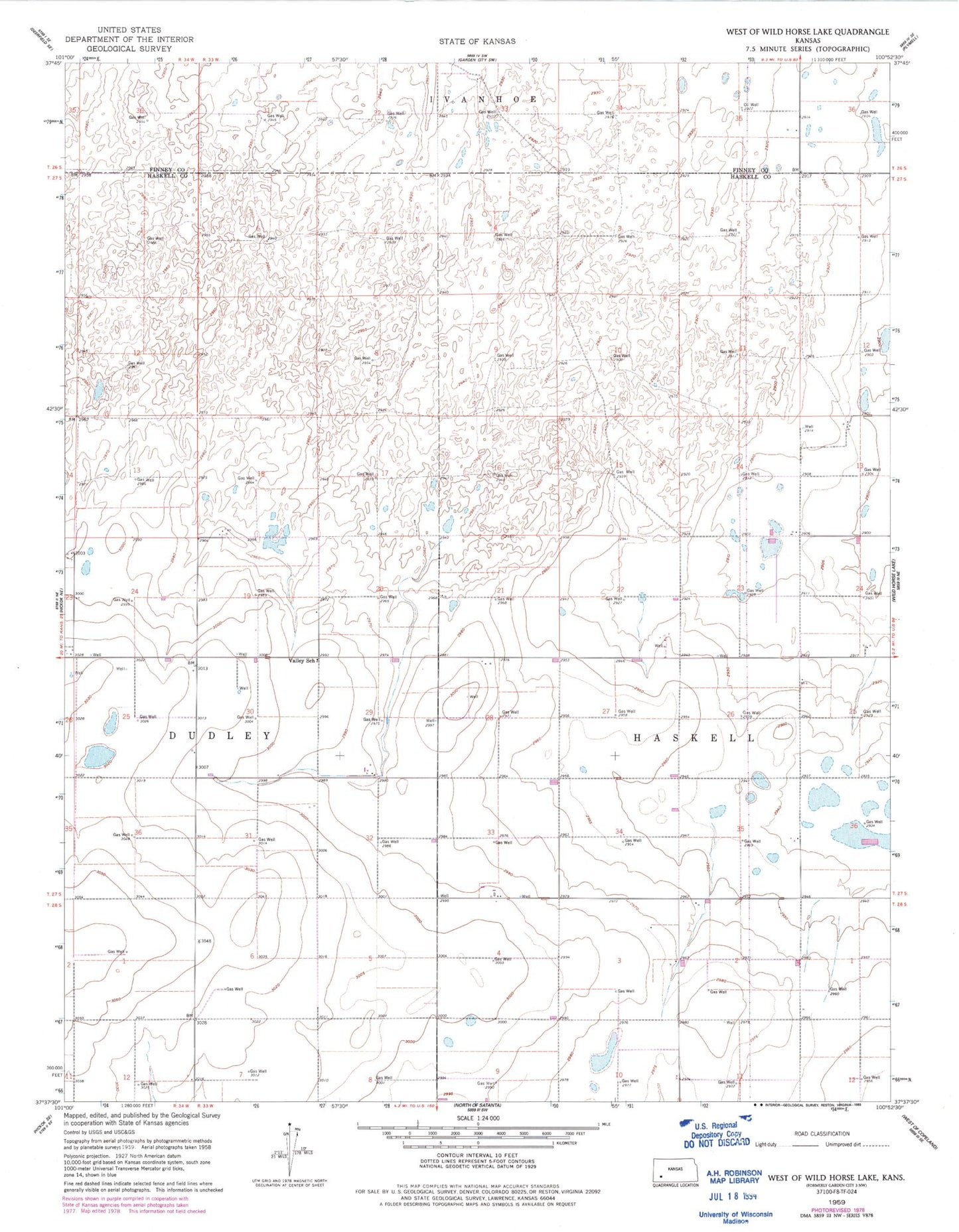 Classic USGS West of Wild Horse Lake Kansas 7.5'x7.5' Topo Map Image