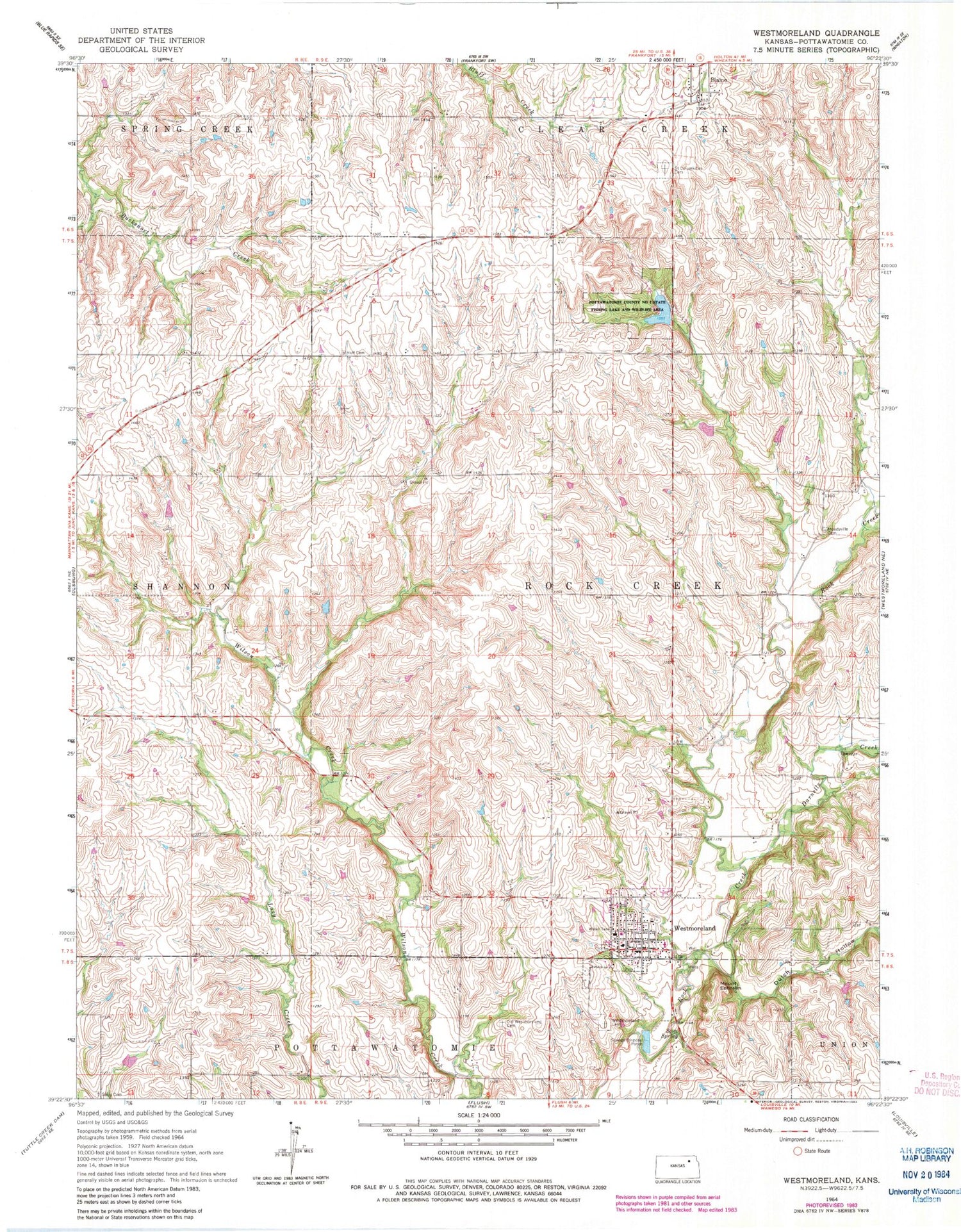 Classic USGS Westmoreland Kansas 7.5'x7.5' Topo Map Image