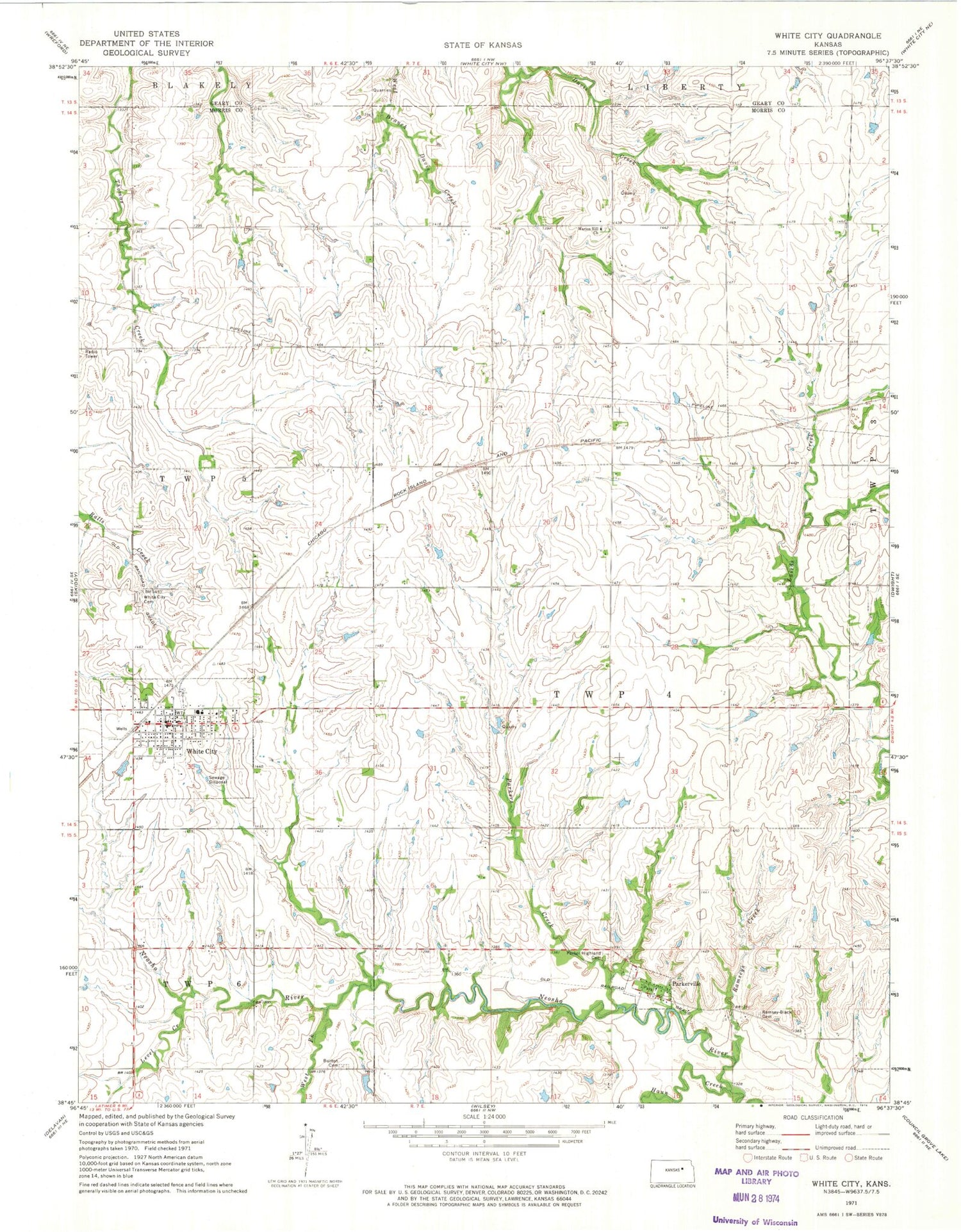 Classic USGS White City Kansas 7.5'x7.5' Topo Map Image