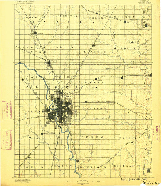 Historic 1889 Wichita Kansas 30'x30' Topo Map Image