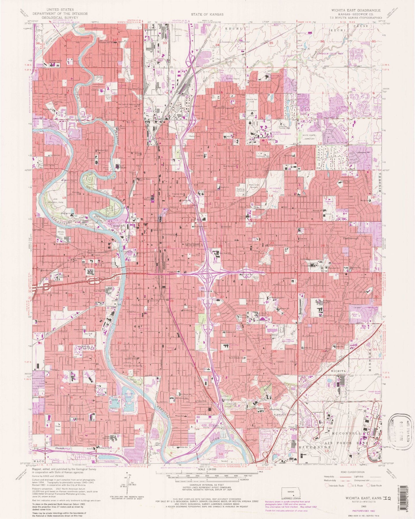 Classic USGS Wichita East Kansas 7.5'x7.5' Topo Map Image
