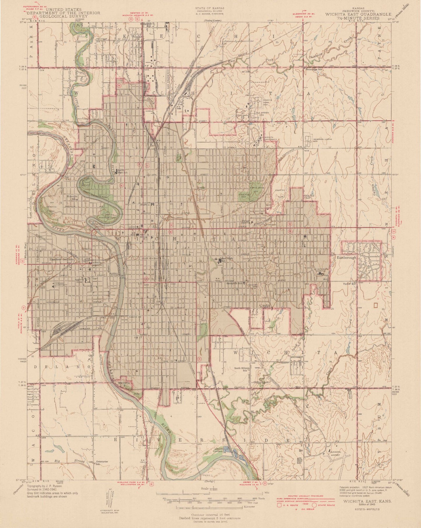 Classic USGS Wichita East Kansas 7.5'x7.5' Topo Map Image