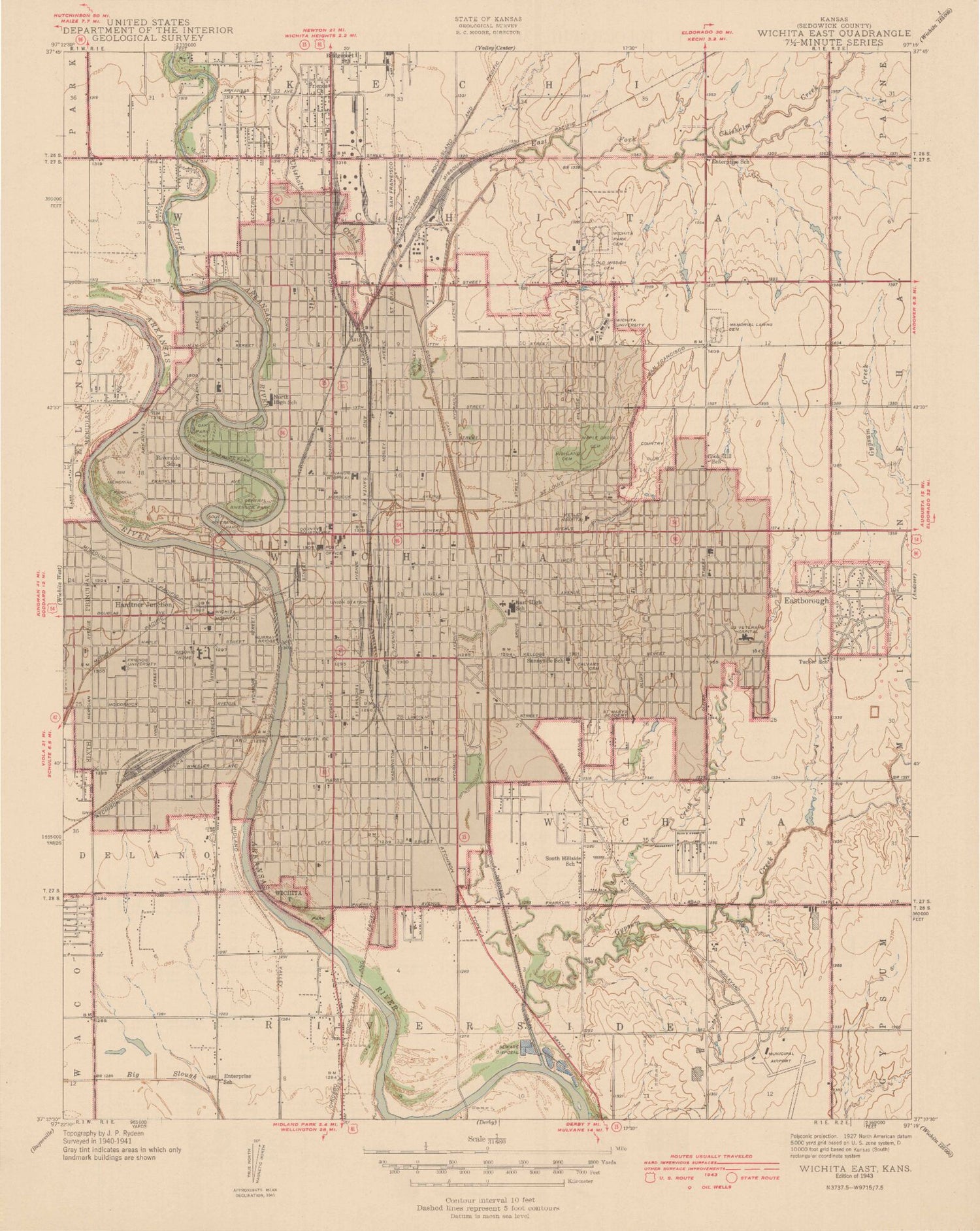 Classic USGS Wichita East Kansas 7.5'x7.5' Topo Map Image