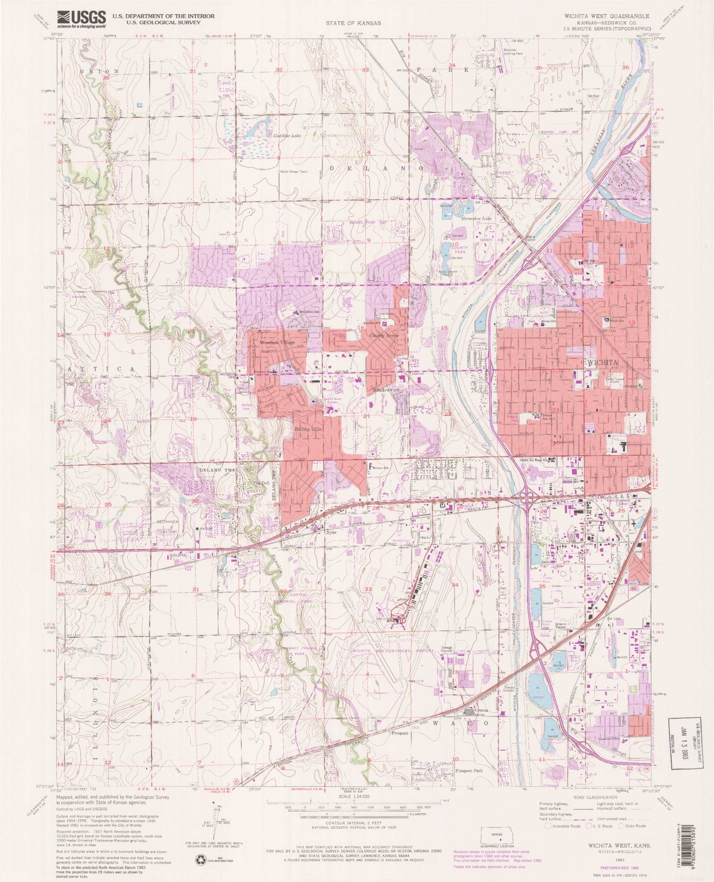Classic USGS Wichita West Kansas 7.5'x7.5' Topo Map Image