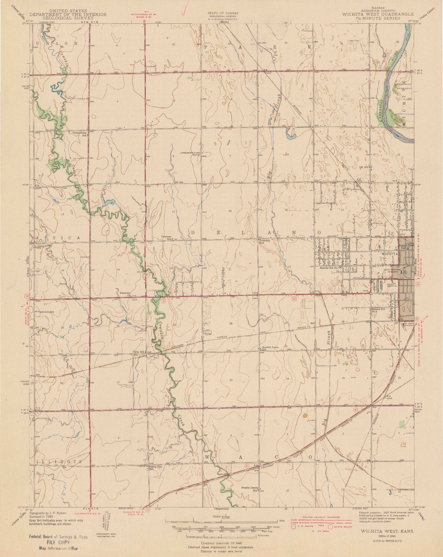 Classic USGS Wichita West Kansas 7.5'x7.5' Topo Map Image