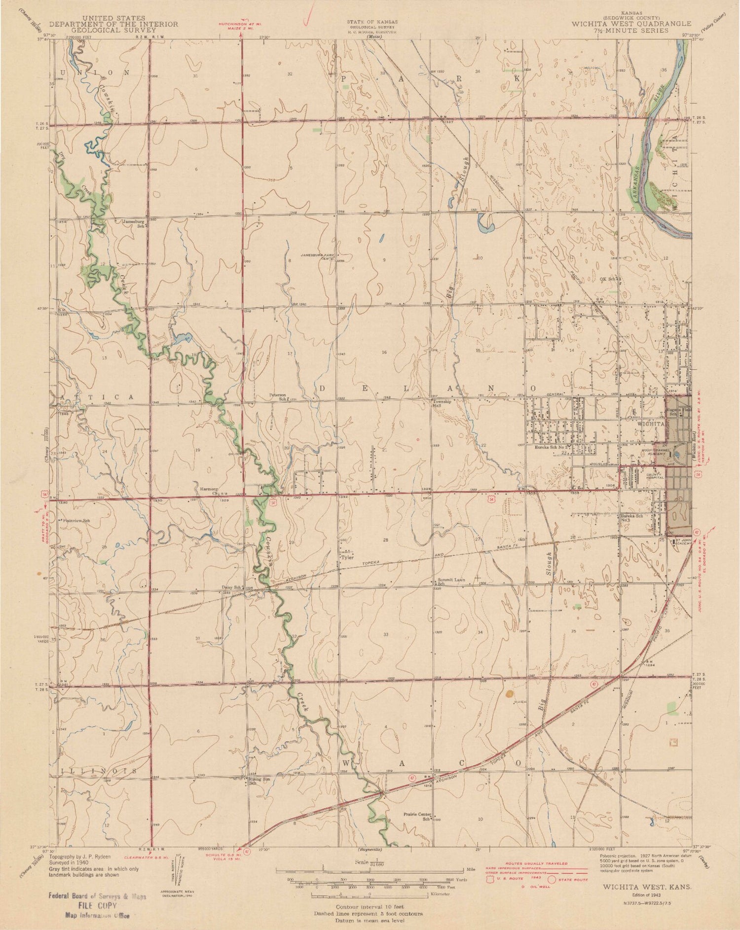 Classic USGS Wichita West Kansas 7.5'x7.5' Topo Map Image