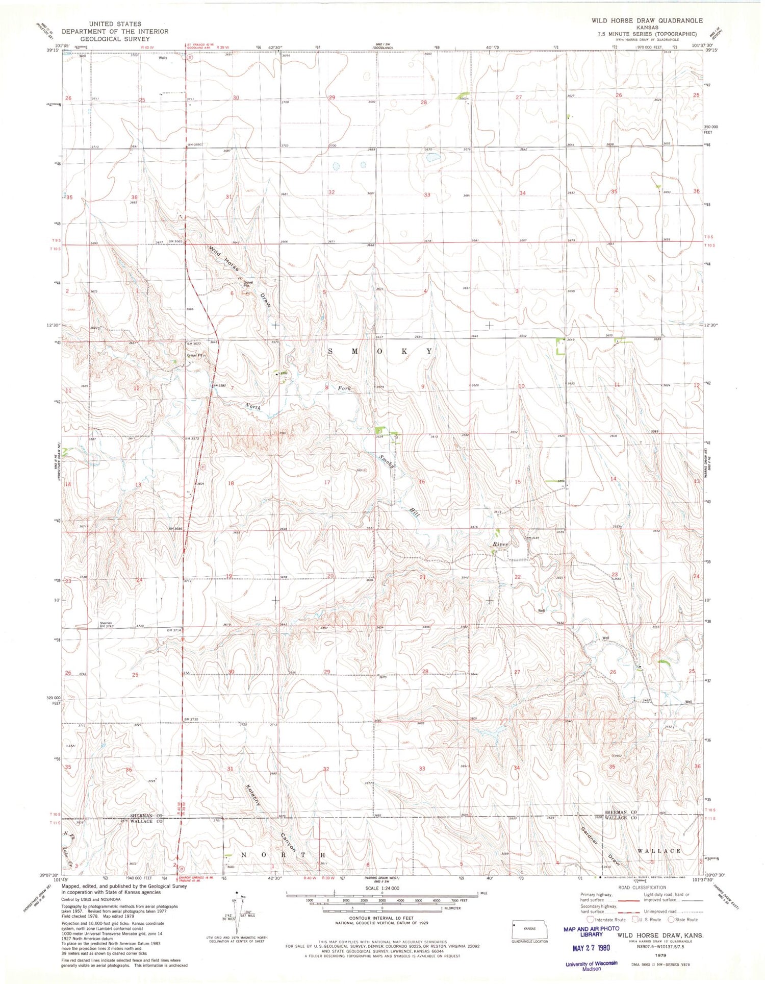 Classic USGS Wild Horse Draw Kansas 7.5'x7.5' Topo Map Image