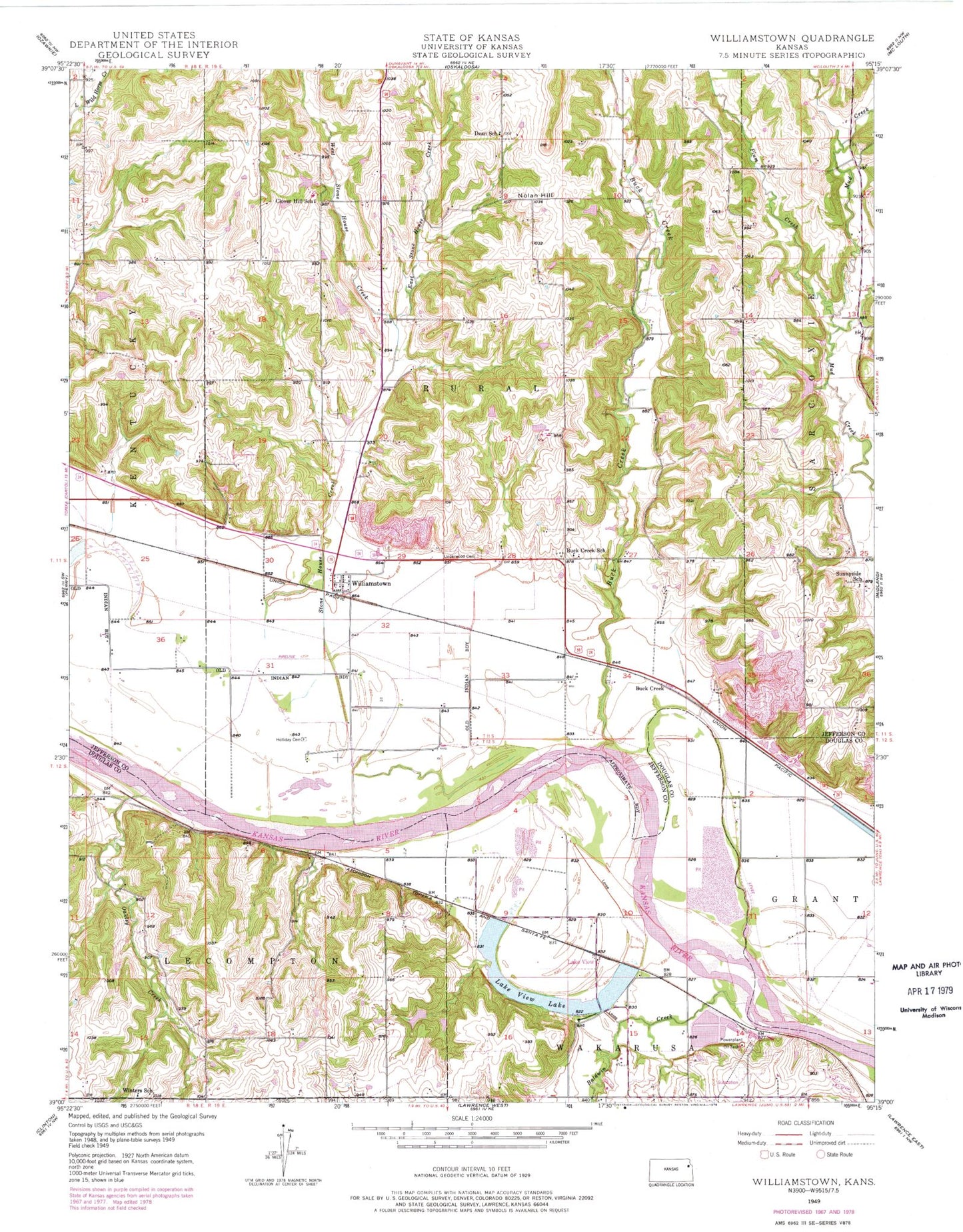 Classic USGS Williamstown Kansas 7.5'x7.5' Topo Map Image
