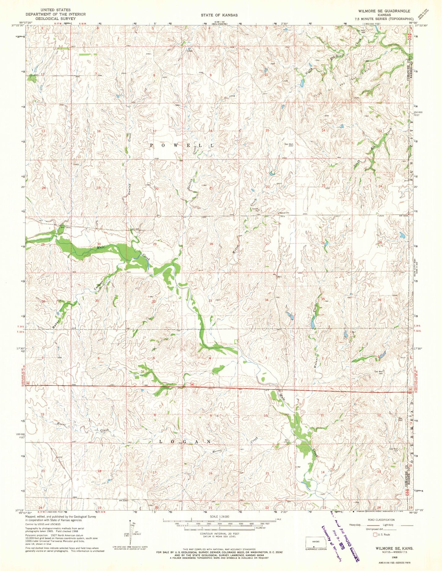 Classic USGS Wilmore SE Kansas 7.5'x7.5' Topo Map Image