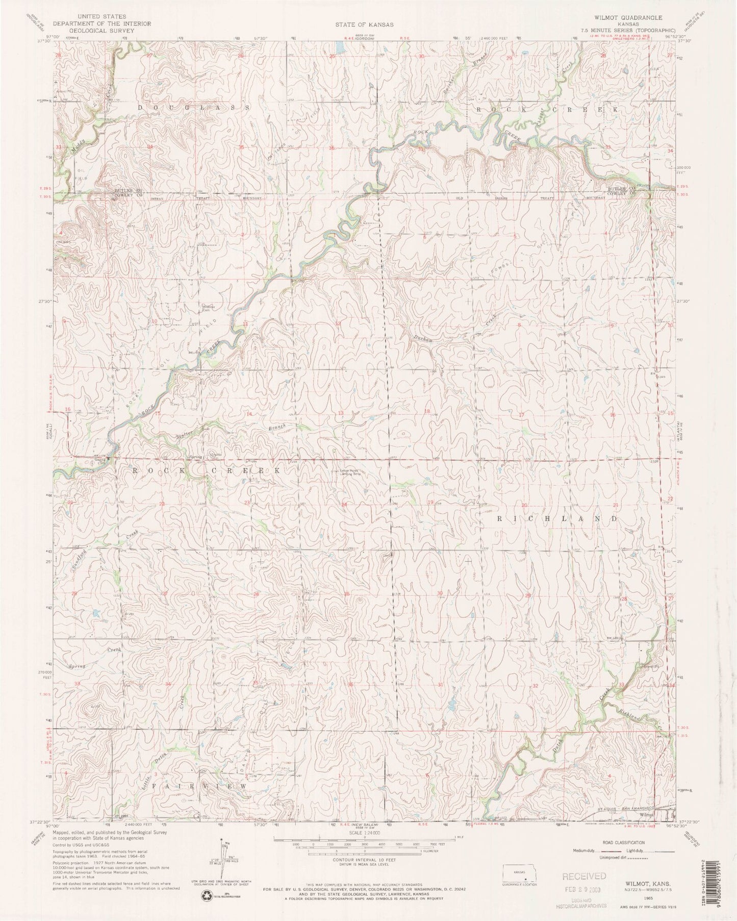 Classic USGS Wilmot Kansas 7.5'x7.5' Topo Map Image
