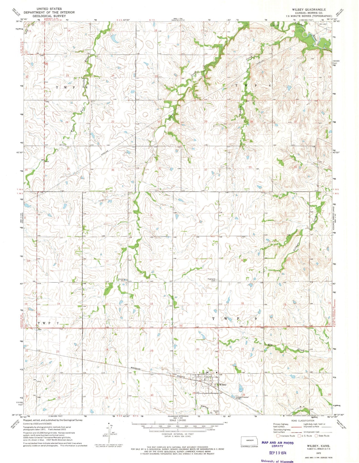 Classic USGS Wilsey Kansas 7.5'x7.5' Topo Map Image