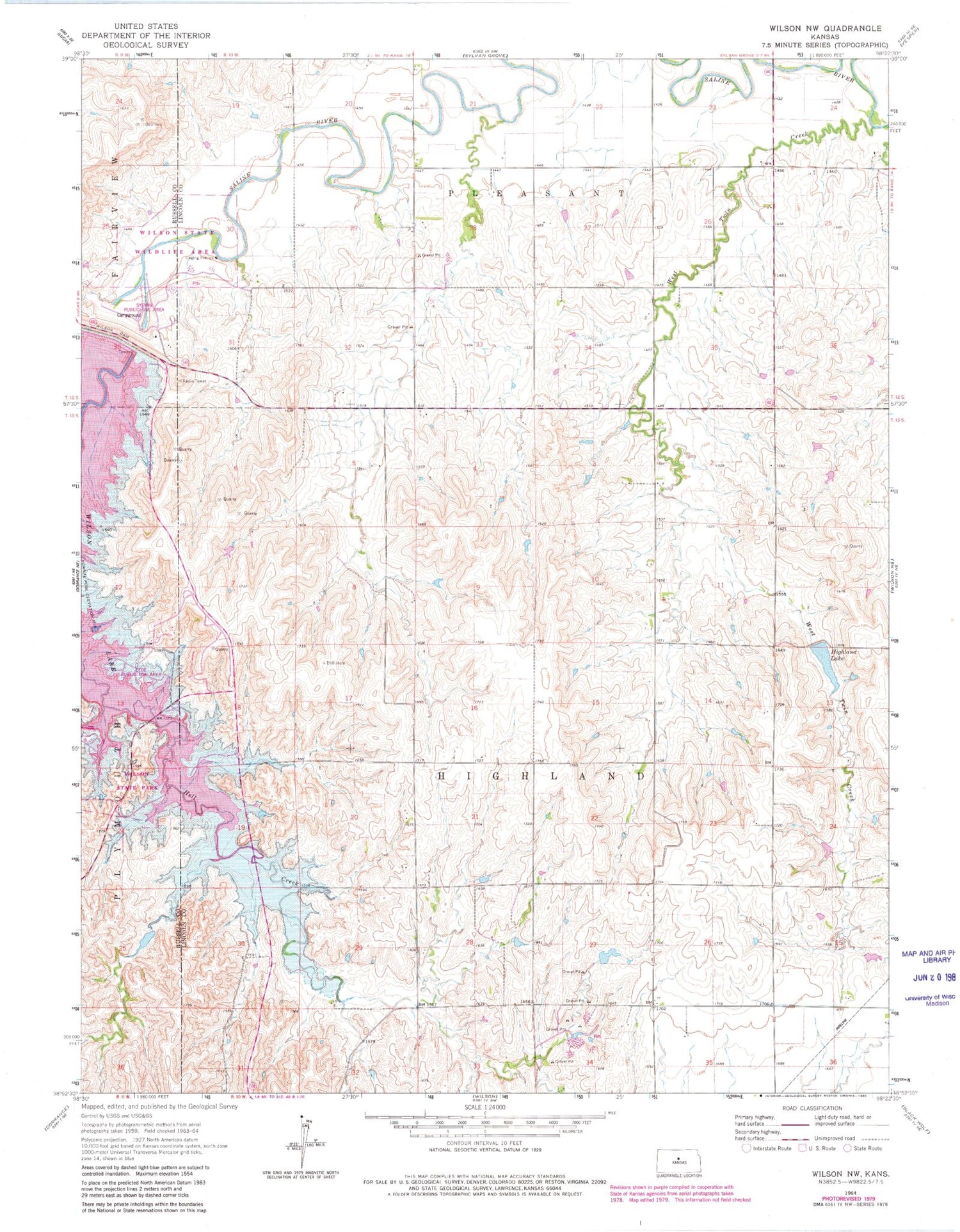 Classic USGS Wilson NW Kansas 7.5'x7.5' Topo Map Image