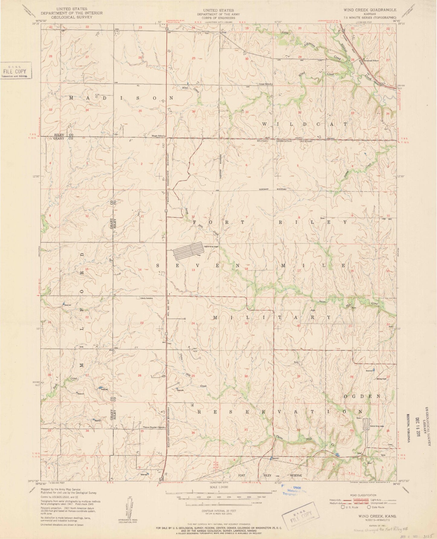 Classic USGS Fort Riley NE Kansas 7.5'x7.5' Topo Map Image