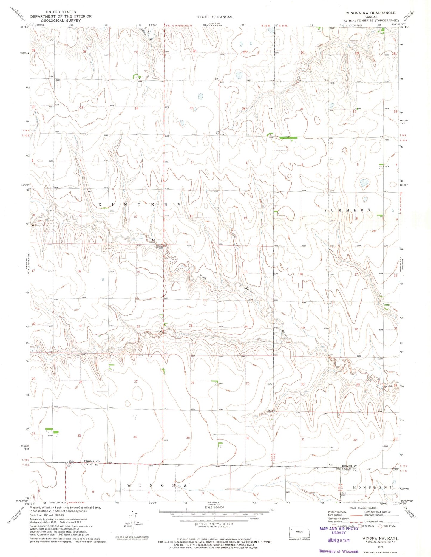 Classic USGS Winona NW Kansas 7.5'x7.5' Topo Map Image