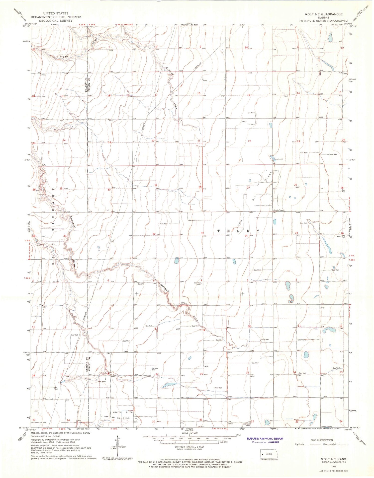 Classic USGS Wolf NE Kansas 7.5'x7.5' Topo Map Image