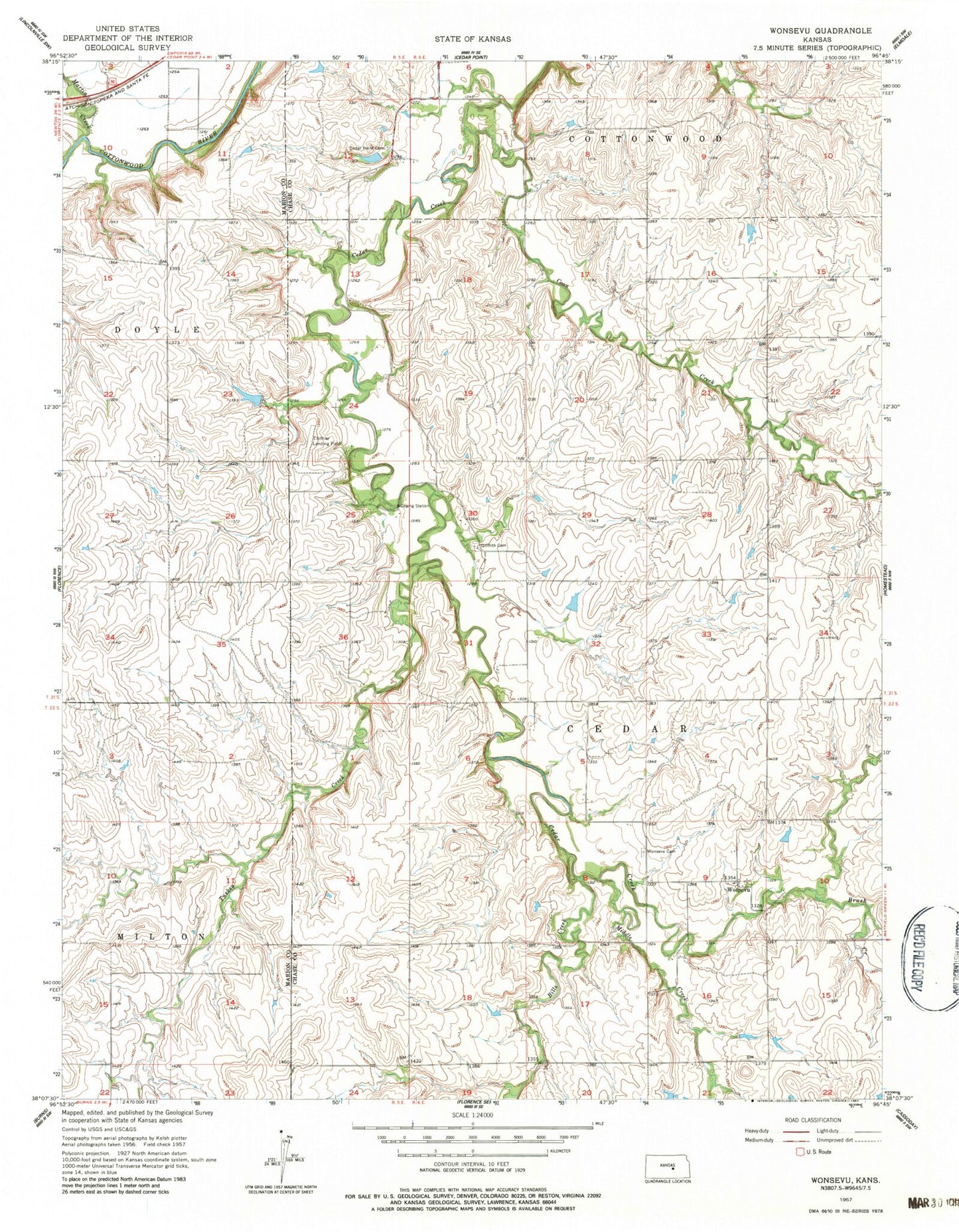 Classic USGS Wonsevu Kansas 7.5'x7.5' Topo Map Image