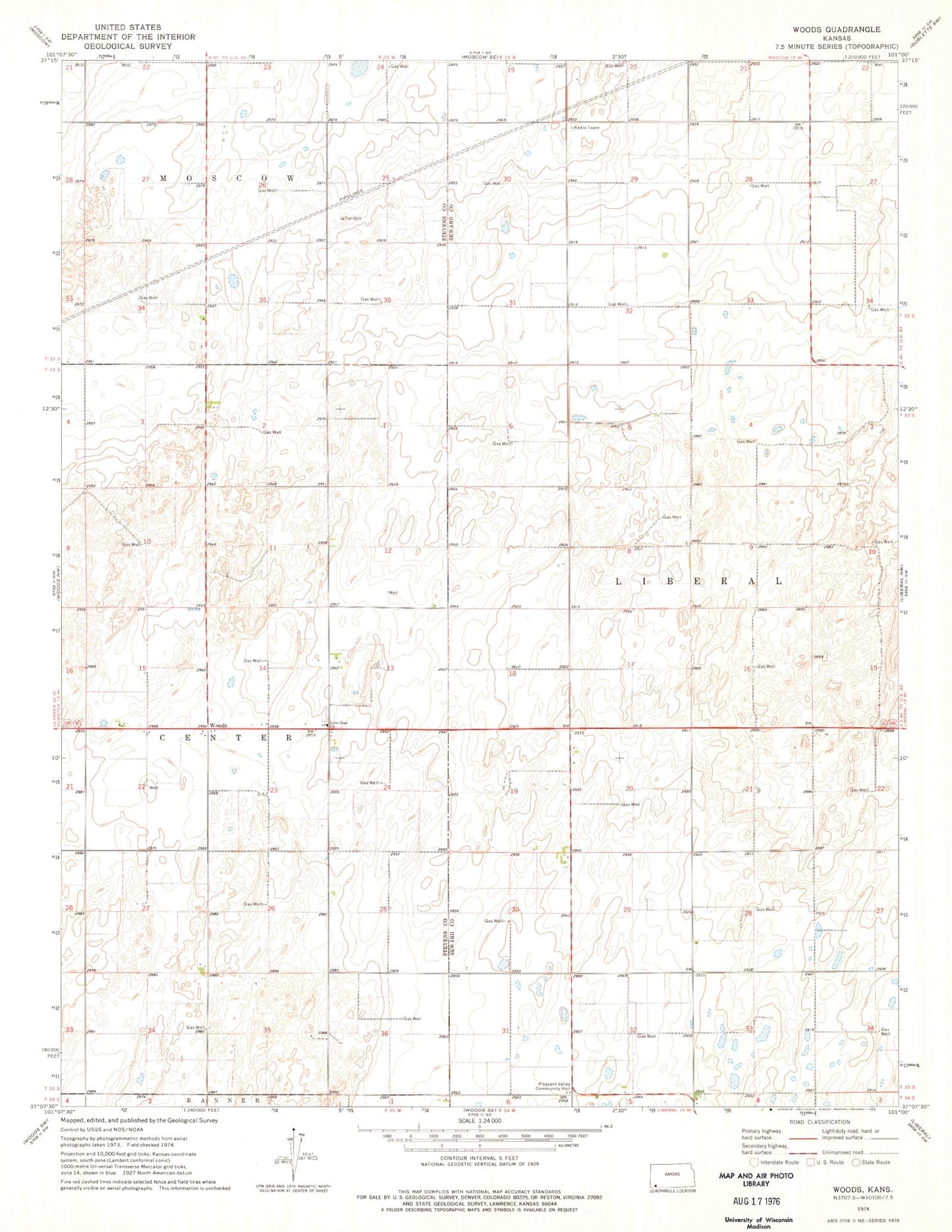 Classic USGS Woods Kansas 7.5'x7.5' Topo Map Image