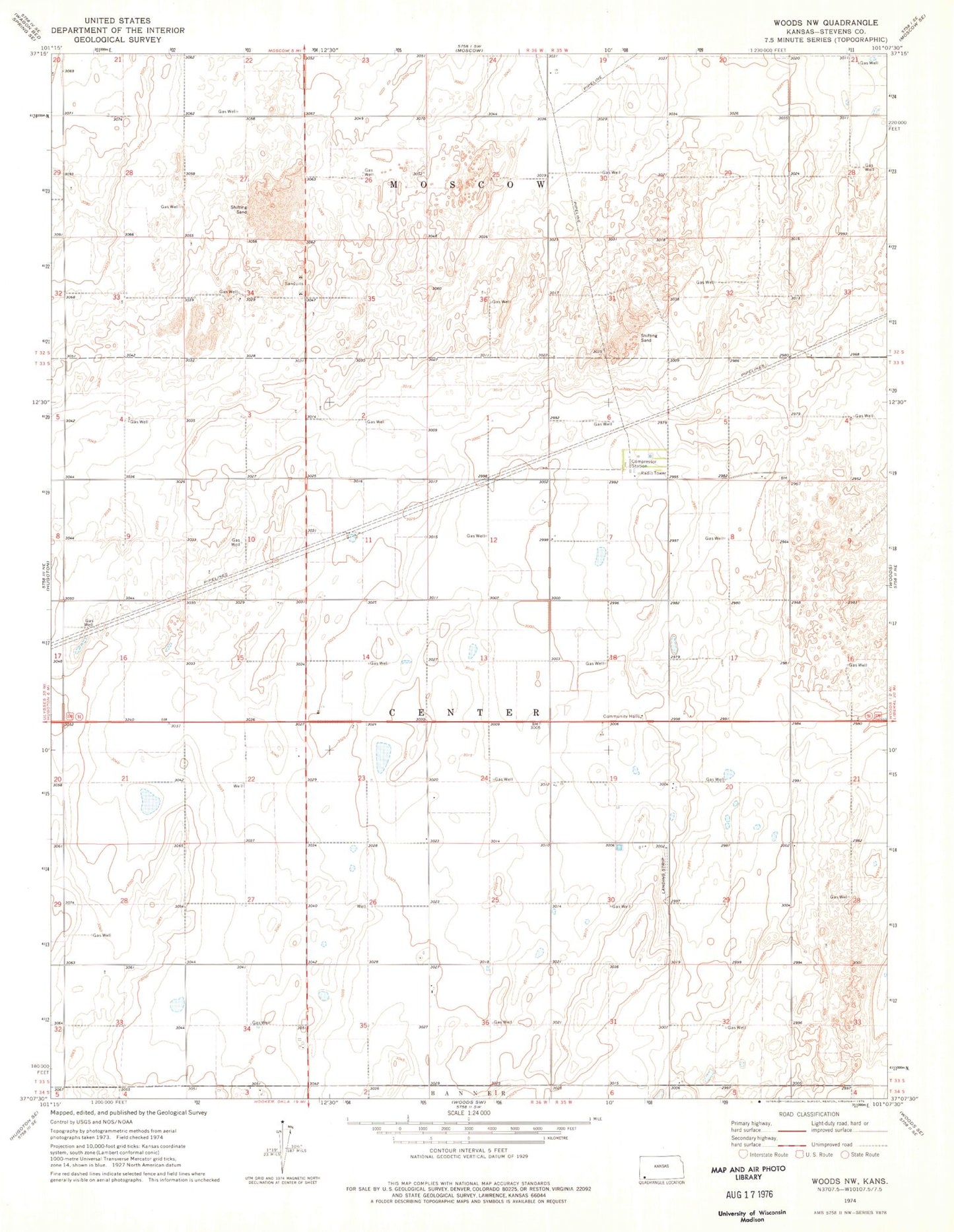 Classic USGS Woods NW Kansas 7.5'x7.5' Topo Map Image