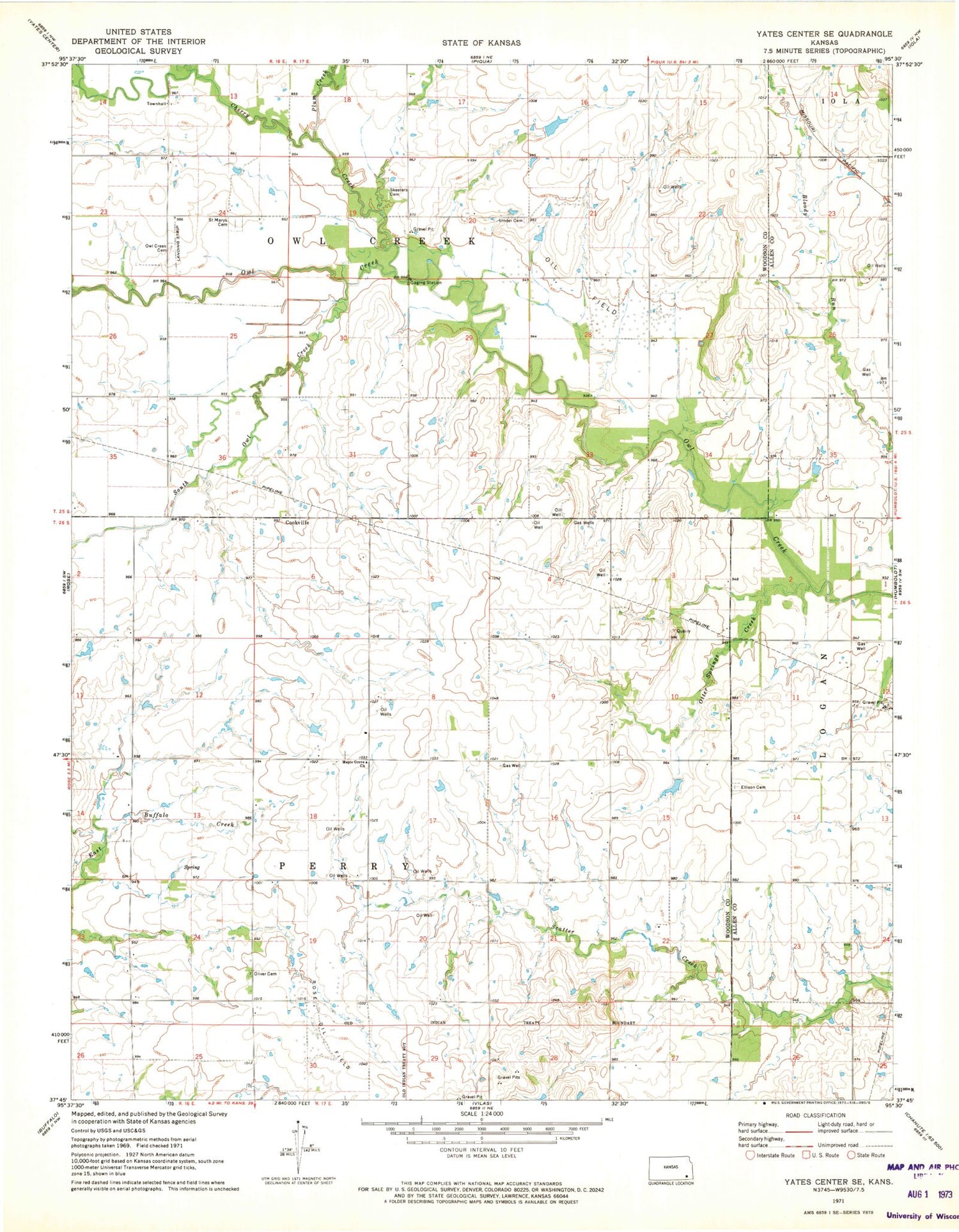 Classic USGS Yates Center SE Kansas 7.5'x7.5' Topo Map Image