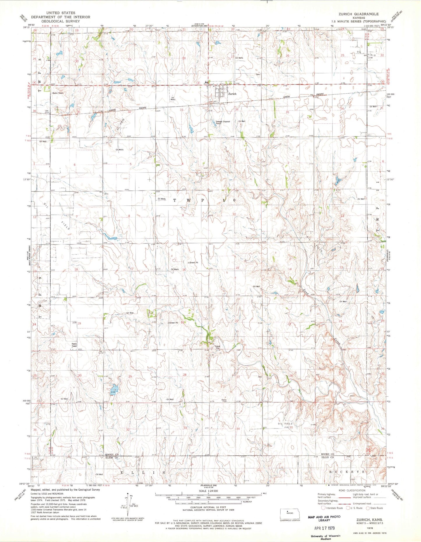 Classic USGS Zurich Kansas 7.5'x7.5' Topo Map Image