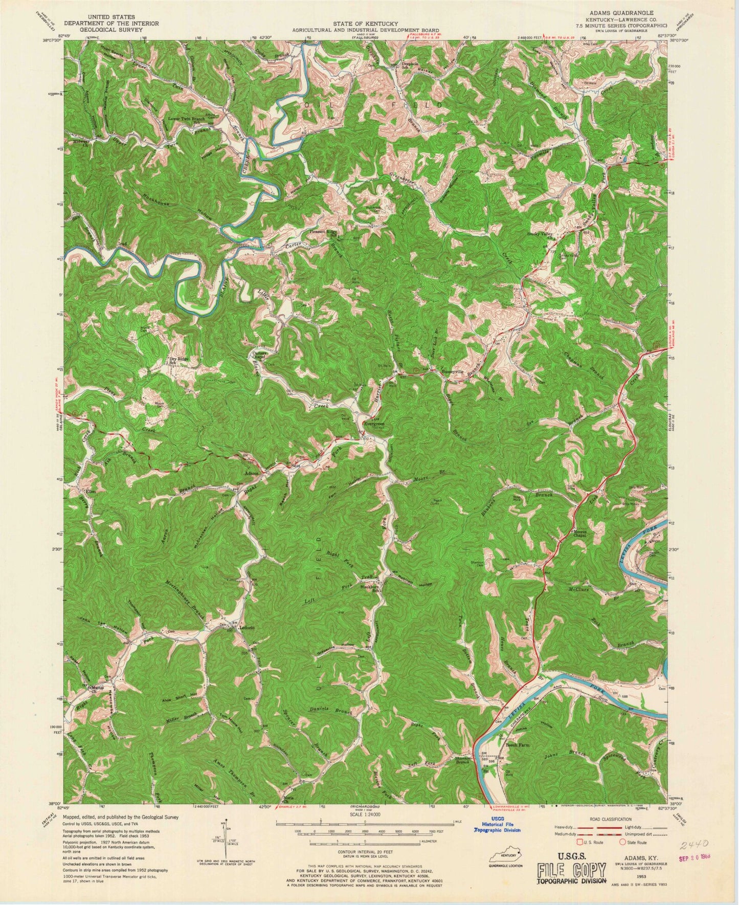 Classic USGS Adams Kentucky 7.5'x7.5' Topo Map Image