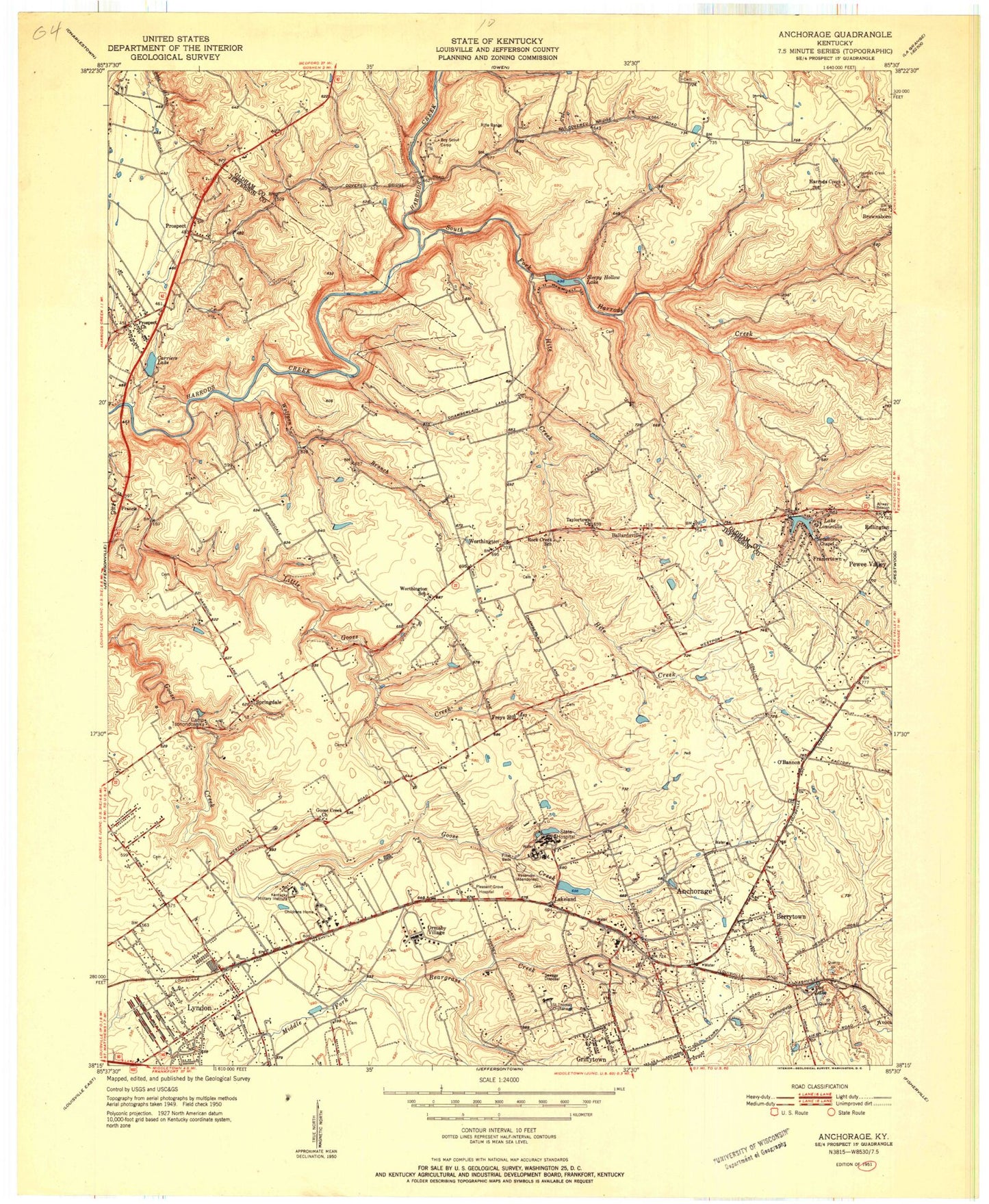 Classic USGS Anchorage Kentucky 7.5'x7.5' Topo Map Image