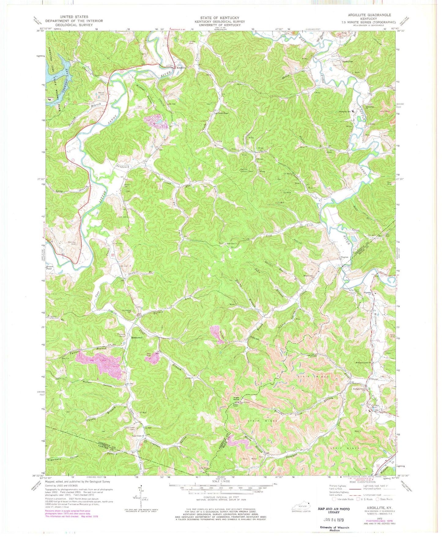Classic USGS Argillite Kentucky 7.5'x7.5' Topo Map Image