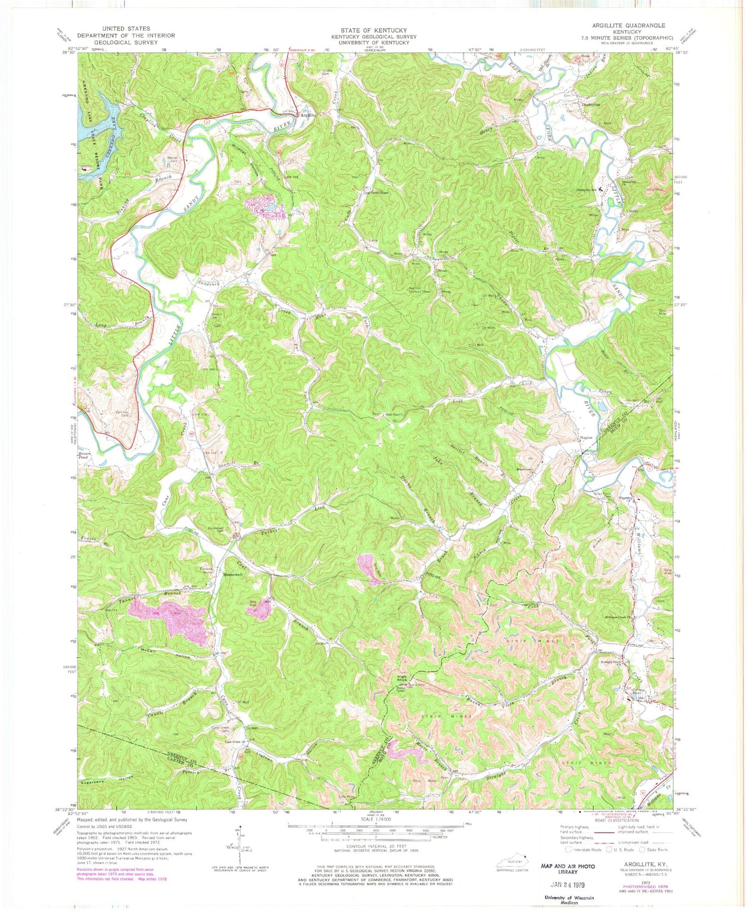 Classic USGS Argillite Kentucky 7.5'x7.5' Topo Map Image