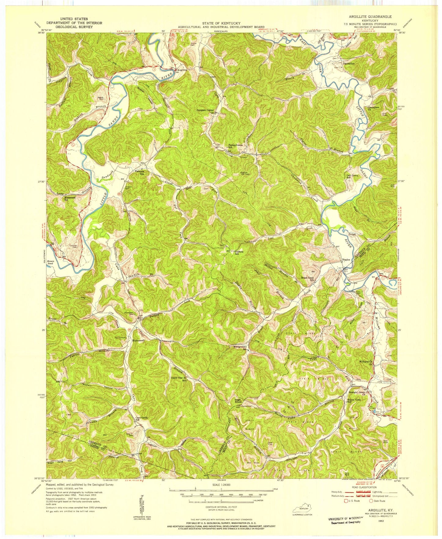 Classic USGS Argillite Kentucky 7.5'x7.5' Topo Map Image
